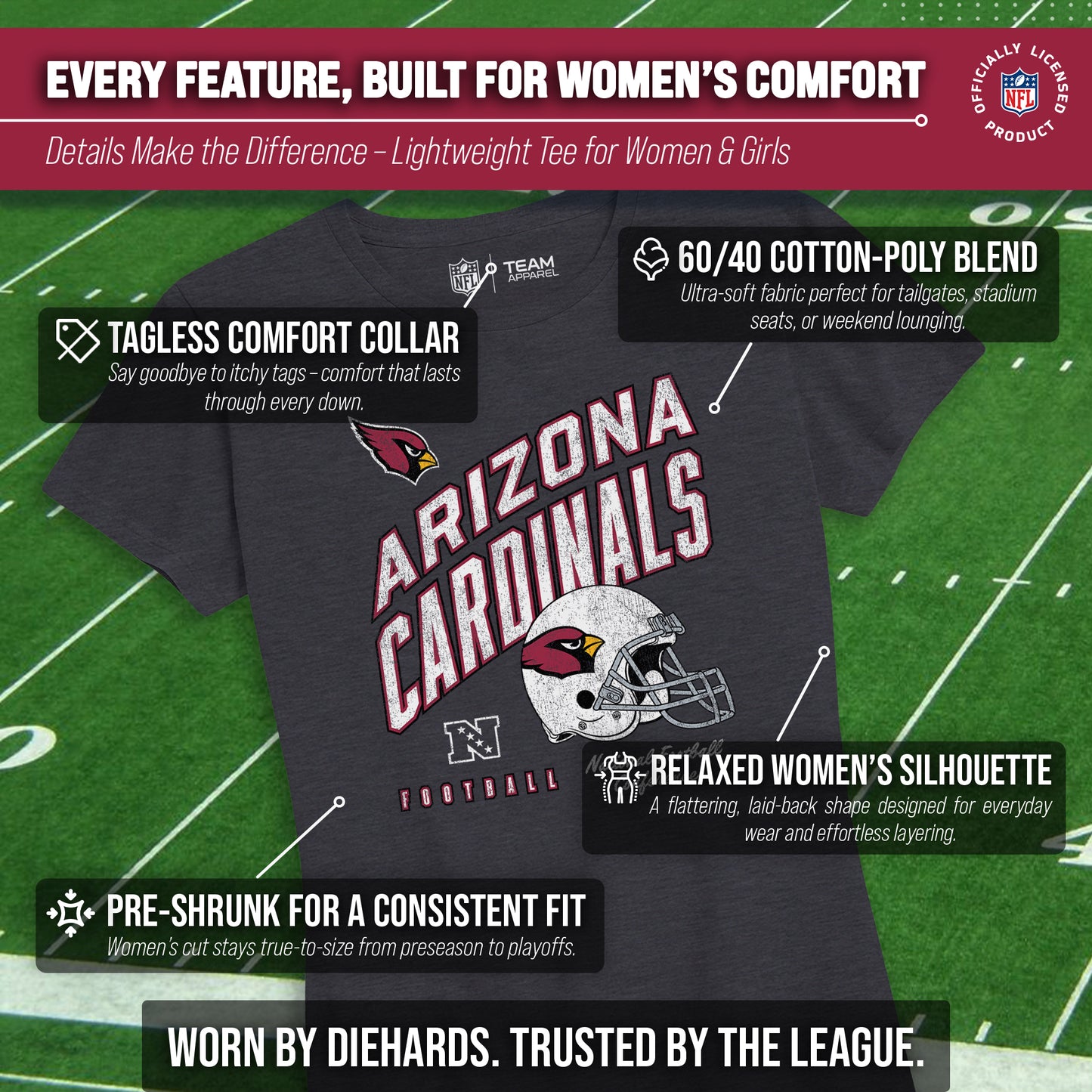Arizona Cardinals NFL Womens Distressed Helmet Tag-Less Soft T-Shirt - Heather Charcoal