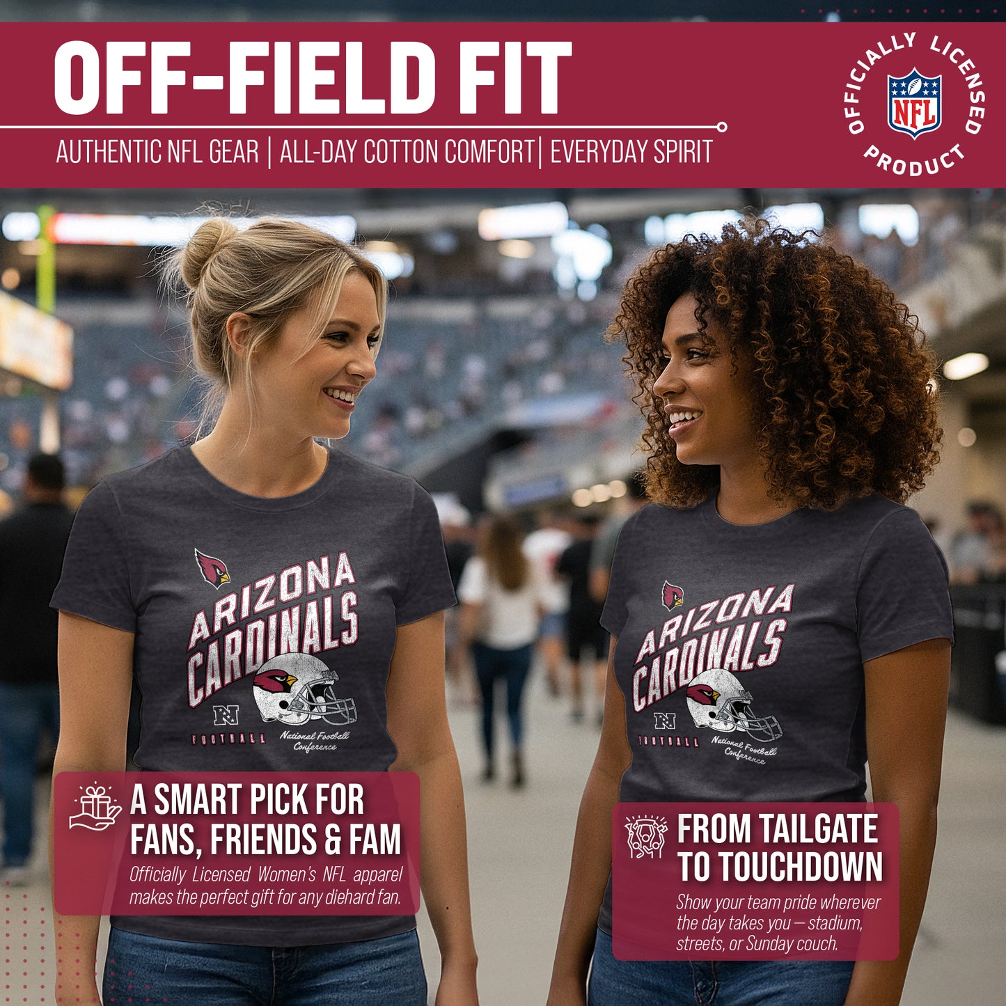 Arizona Cardinals NFL Womens Distressed Helmet Tag-Less Soft T-Shirt - Heather Charcoal