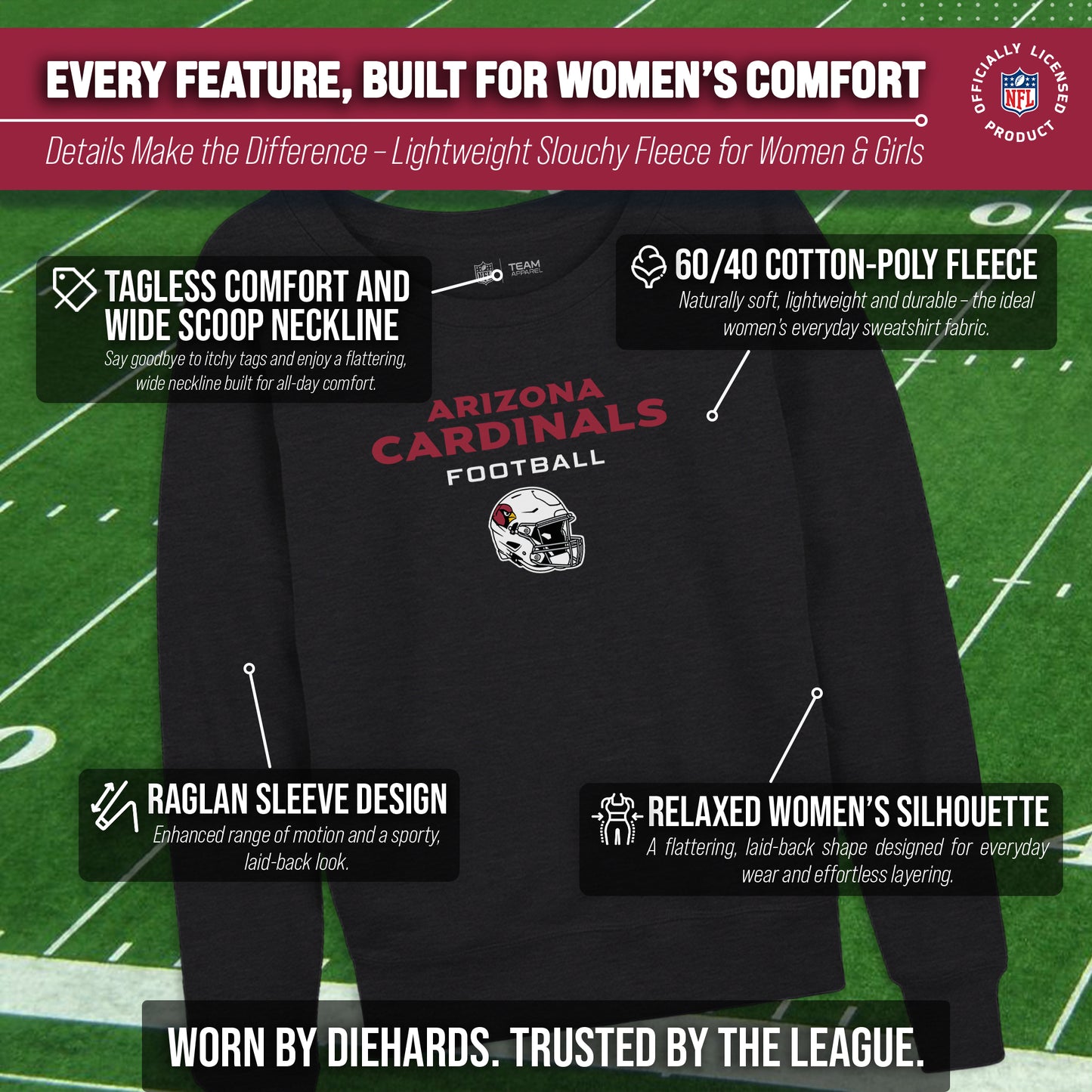 Arizona Cardinals NFL Womens Helmet French Terry Slouchy Top - Charcoal