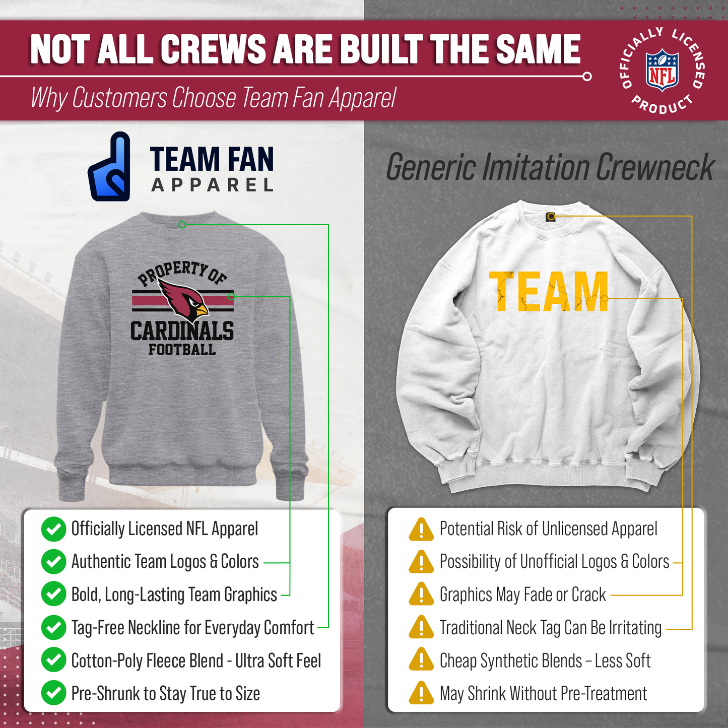 Arizona Cardinals NFL Adult Property Of Crewneck Fleece Sweatshirt - Sport Gray