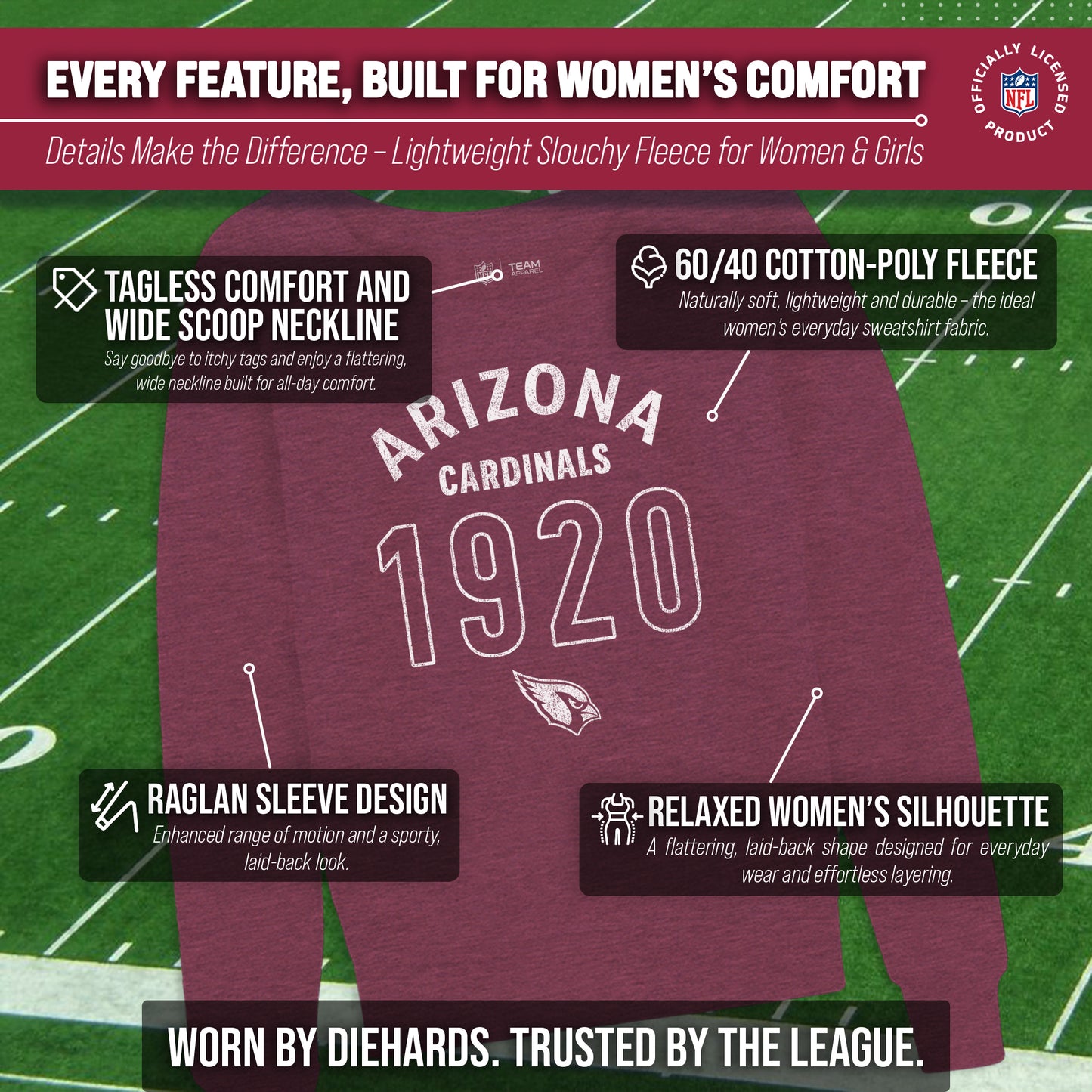 Arizona Cardinals NFL Womens Big Date French Terry Slouchy Top - Maroon Heather