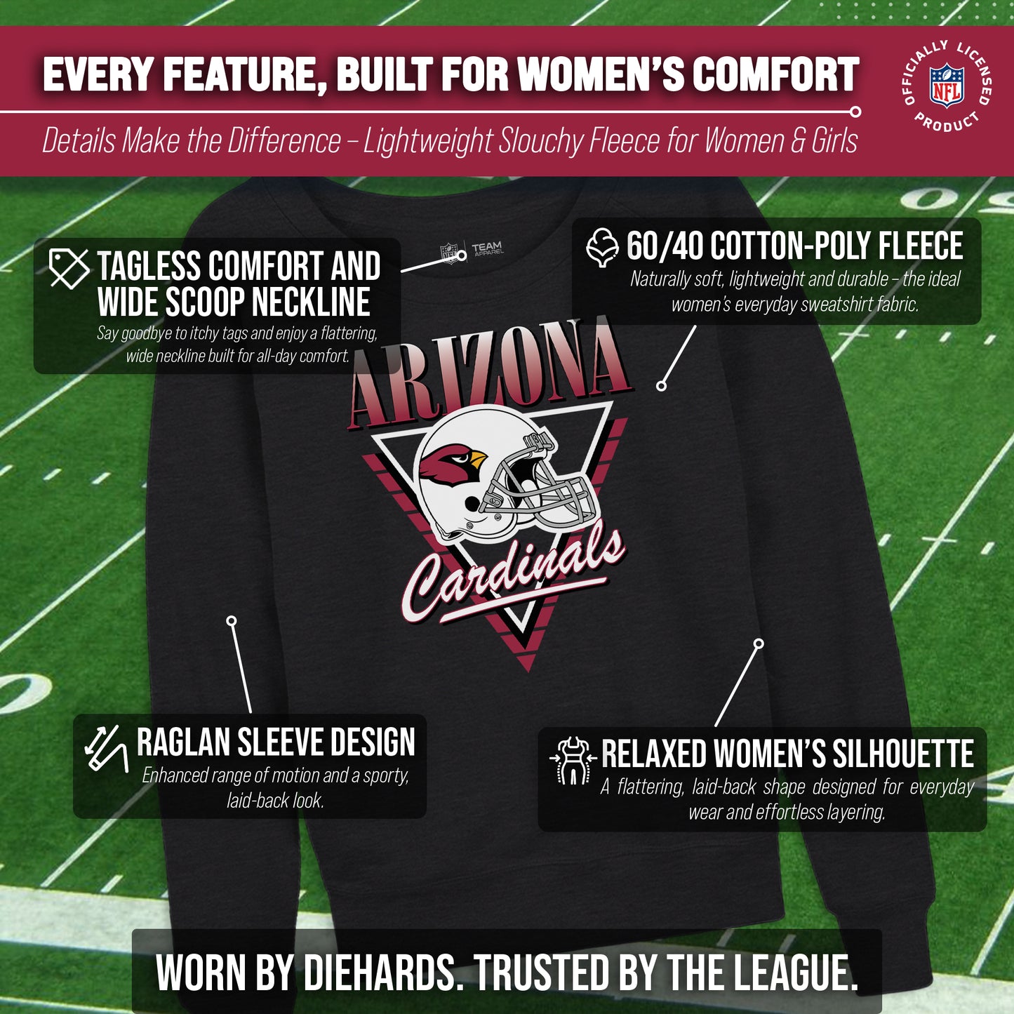 Arizona Cardinals NFL Womens Retro Triangle French Terry Slouchy Top- Raglan Sleeves - Heather Charcoal