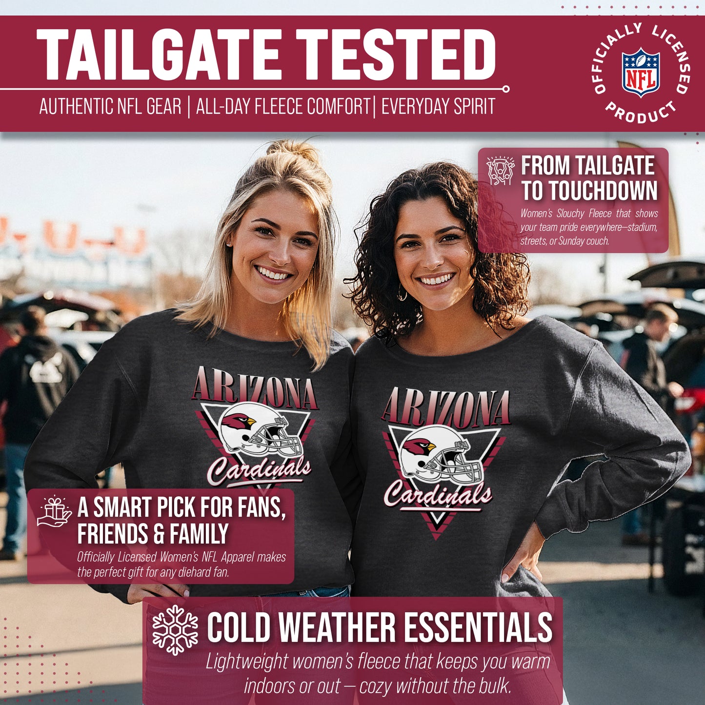 Arizona Cardinals NFL Womens Retro Triangle French Terry Slouchy Top- Raglan Sleeves - Heather Charcoal