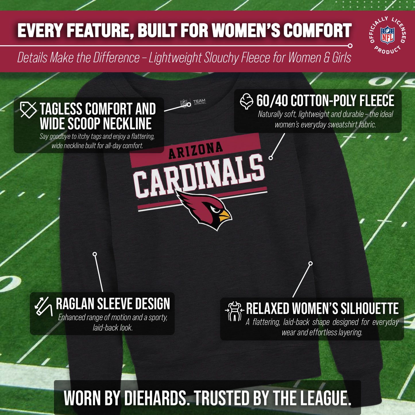 Arizona Cardinals NFL Womens Team Block French Terry Slouchy Top - Charcoal