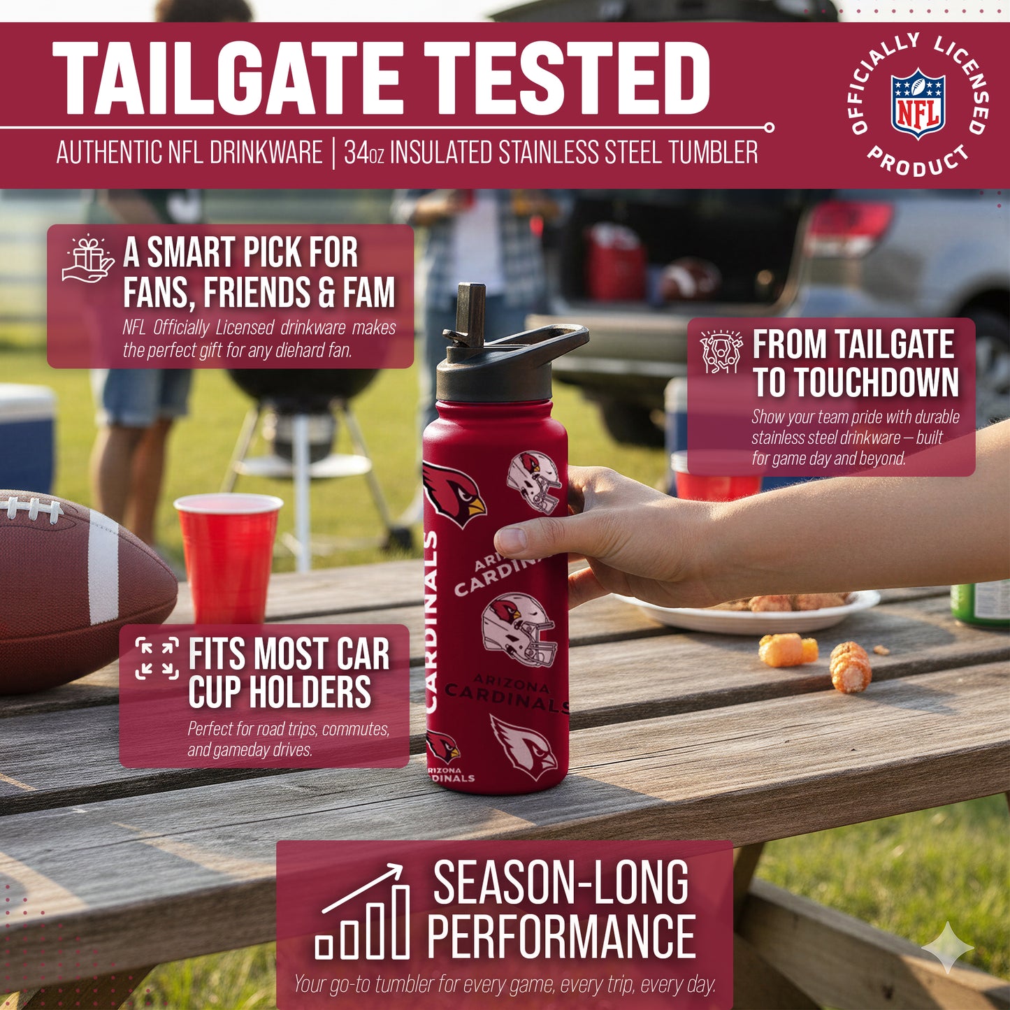 Arizona Cardinals NFL 34oz Quencher Stainless Steel Insulated Water Bottle - Cardinal