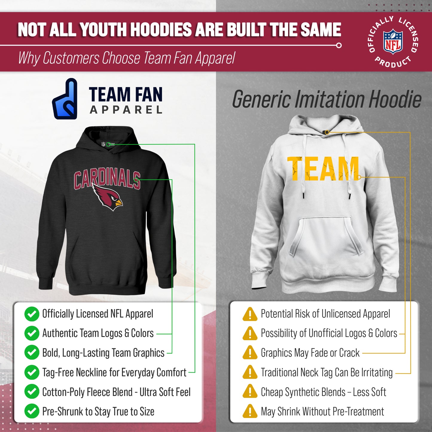 Arizona Cardinals NFL Youth Home Team Hoodie- Kids Hooded Sweatshirt - Black