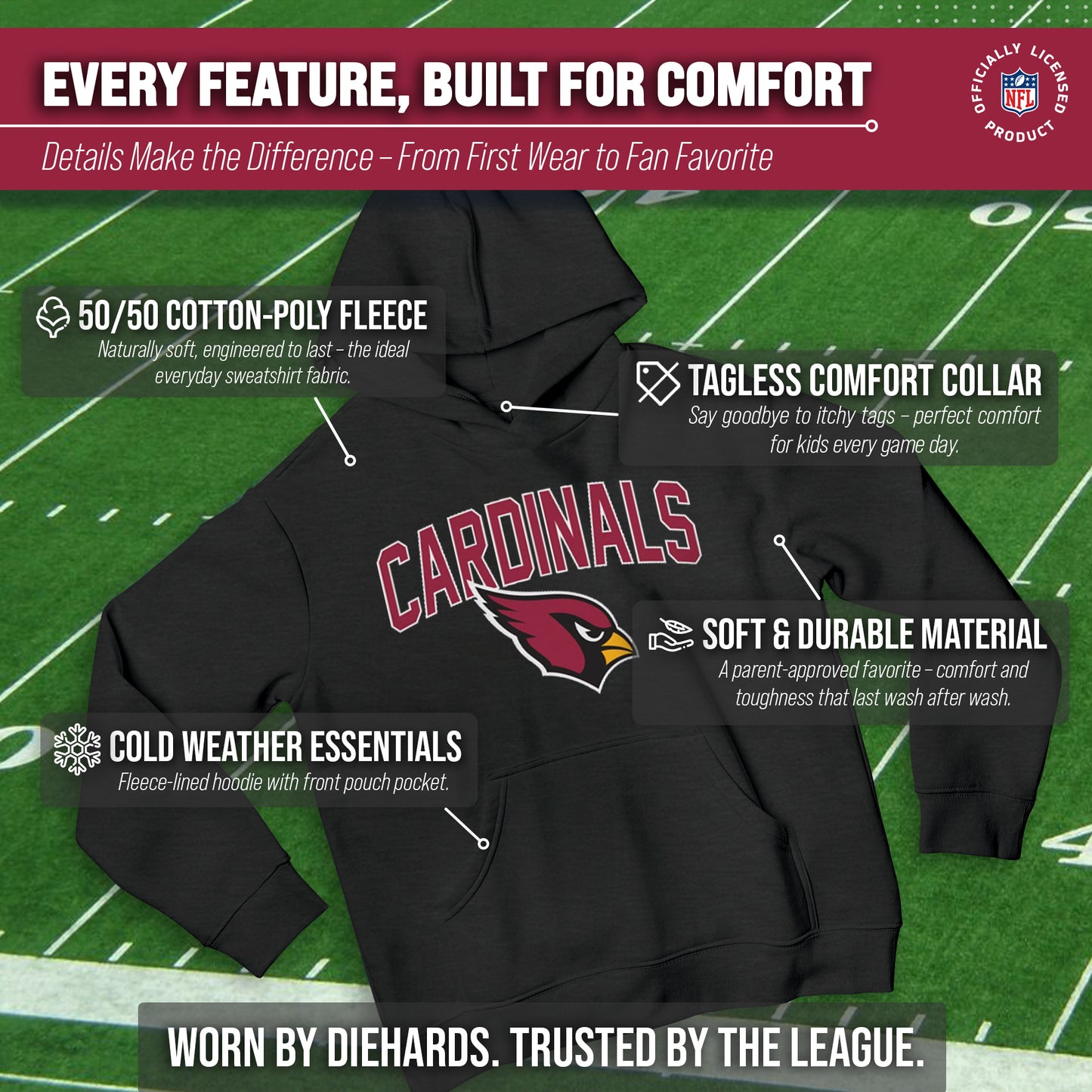Arizona Cardinals NFL Youth Home Team Hoodie- Kids Hooded Sweatshirt - Black