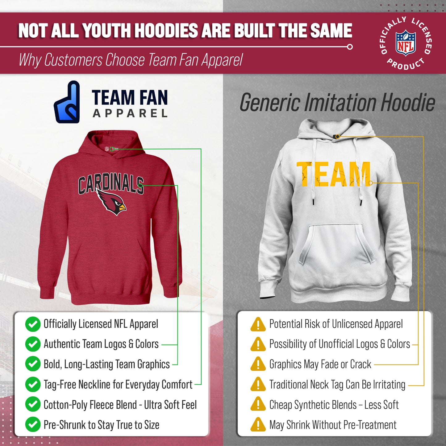 Arizona Cardinals NFL Youth Home Team Hoodie- Kids Hooded Sweatshirt - Cardinal