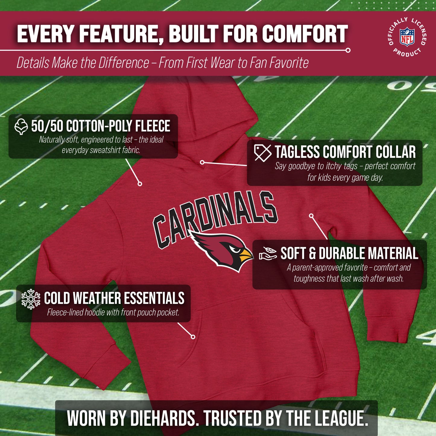 Arizona Cardinals NFL Youth Home Team Hoodie- Kids Hooded Sweatshirt - Cardinal