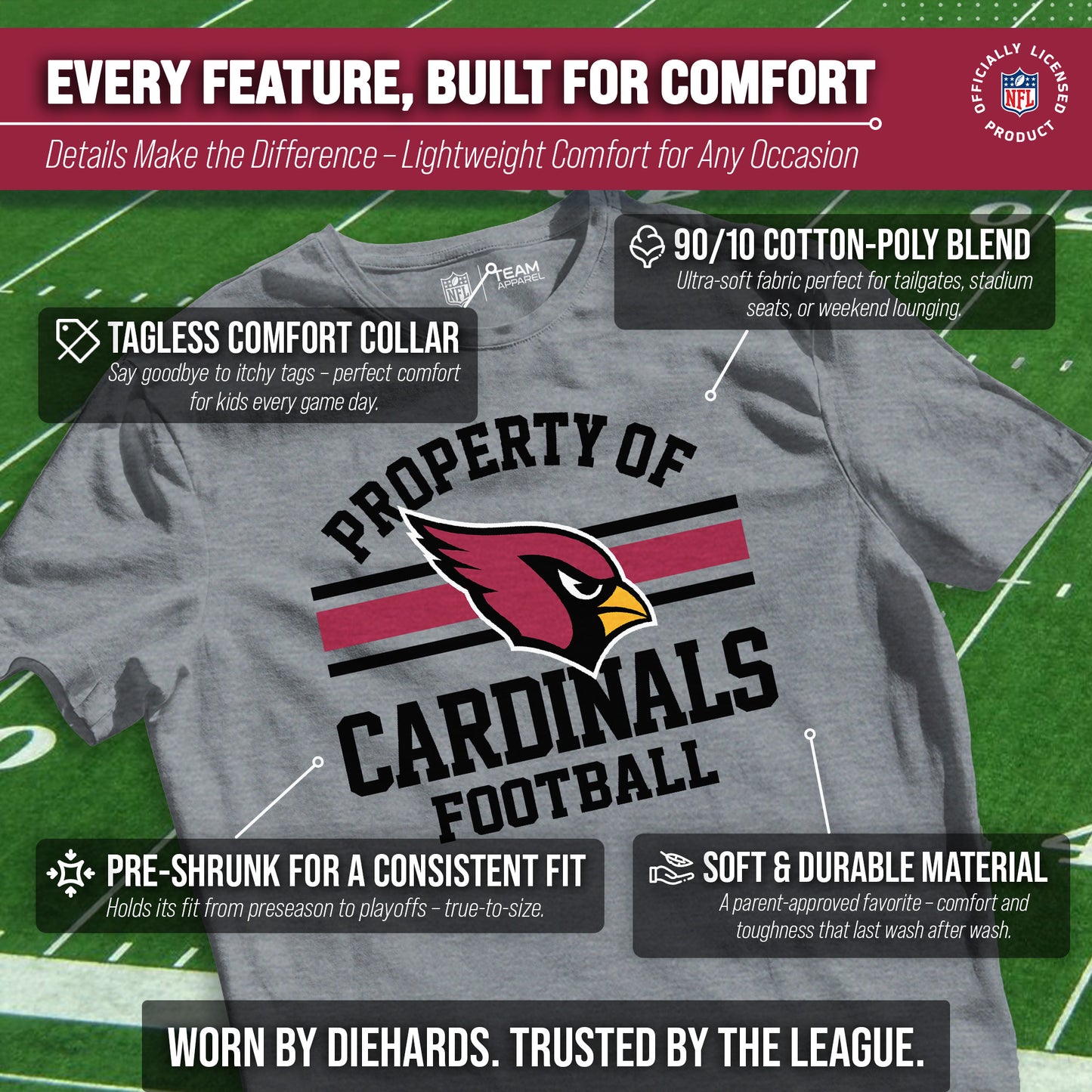 Arizona Cardinals NFL Youth Property Of Short Sleeve Lightweight T Shirt - Sport Gray