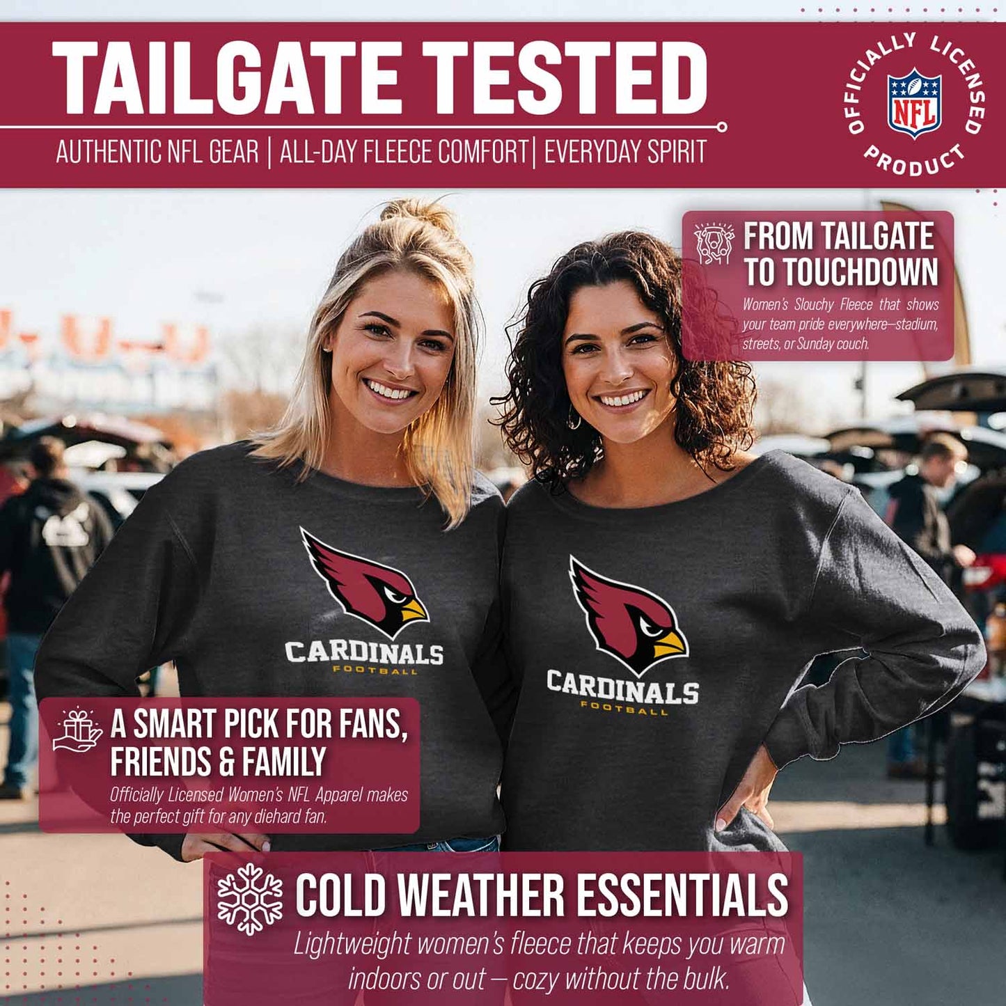Arizona Cardinals NFL Womens Ultimate Fan French Terry Slouchy Top- Raglan Sleeves - Charcoal