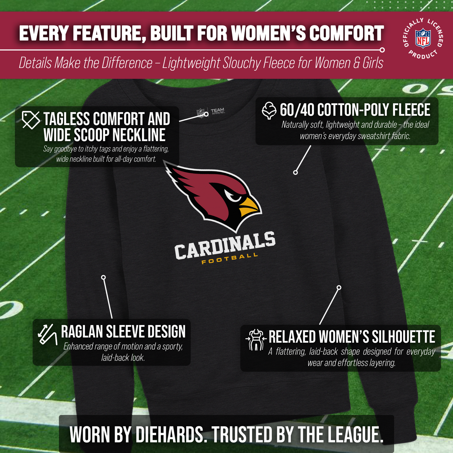 Arizona Cardinals NFL Womens Ultimate Fan French Terry Slouchy Top- Raglan Sleeves - Charcoal