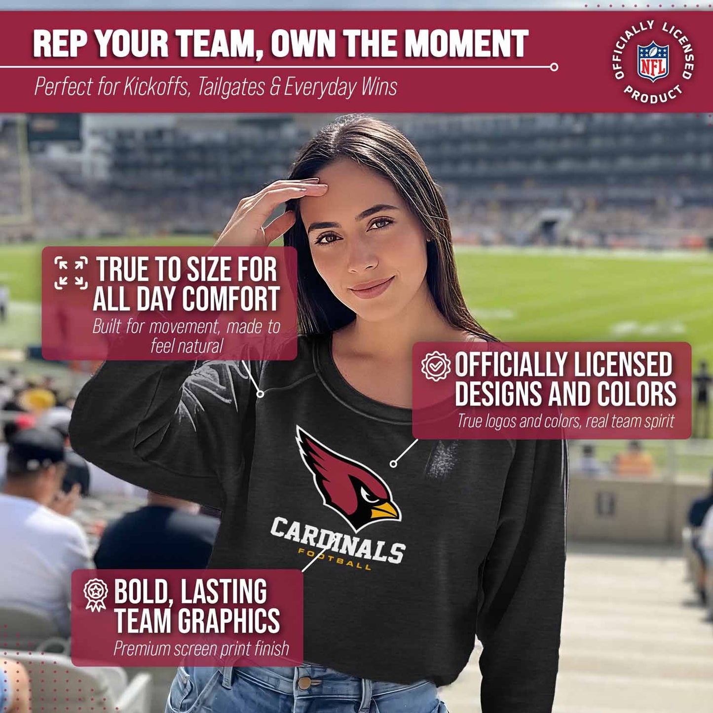Arizona Cardinals NFL Womens Ultimate Fan French Terry Slouchy Top- Raglan Sleeves - Charcoal