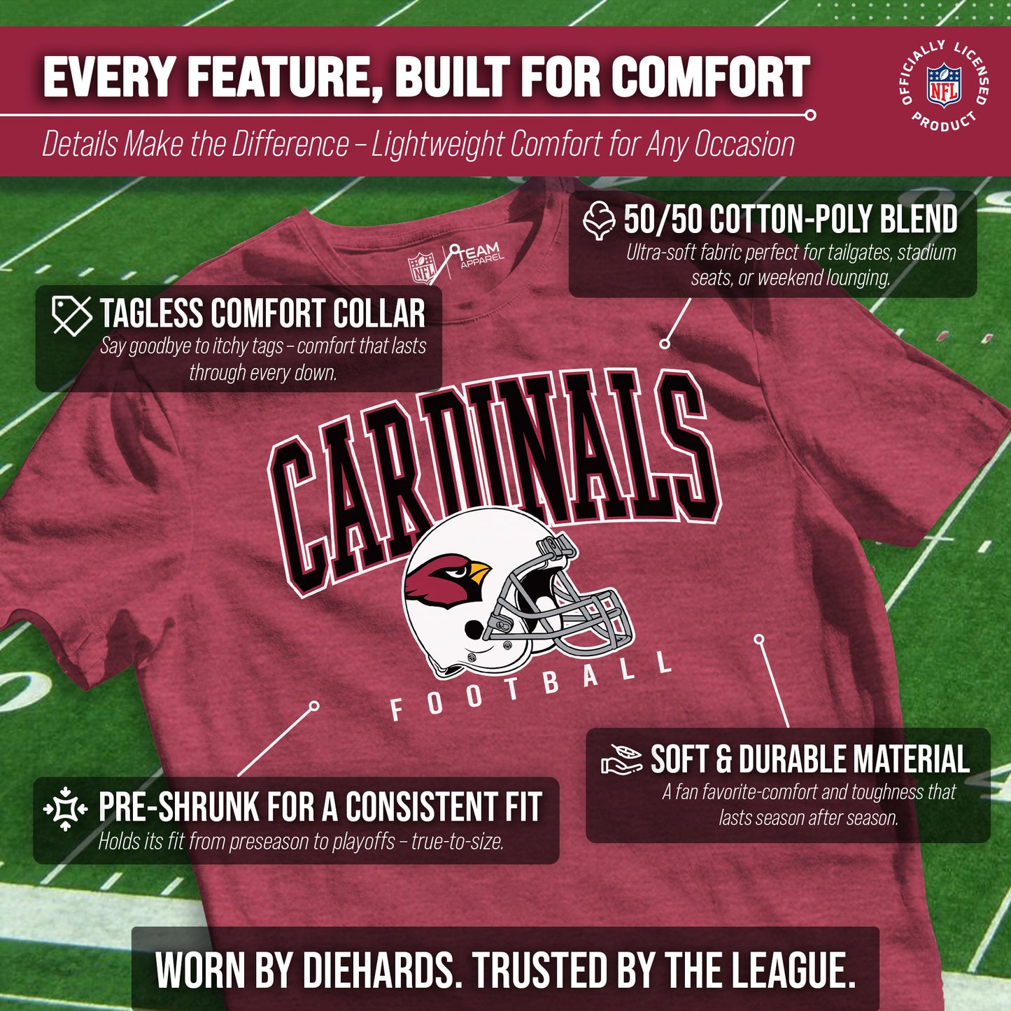 Arizona Cardinals NFL Adult All Star Heather Tag-Less T-Shirt - Red Heather