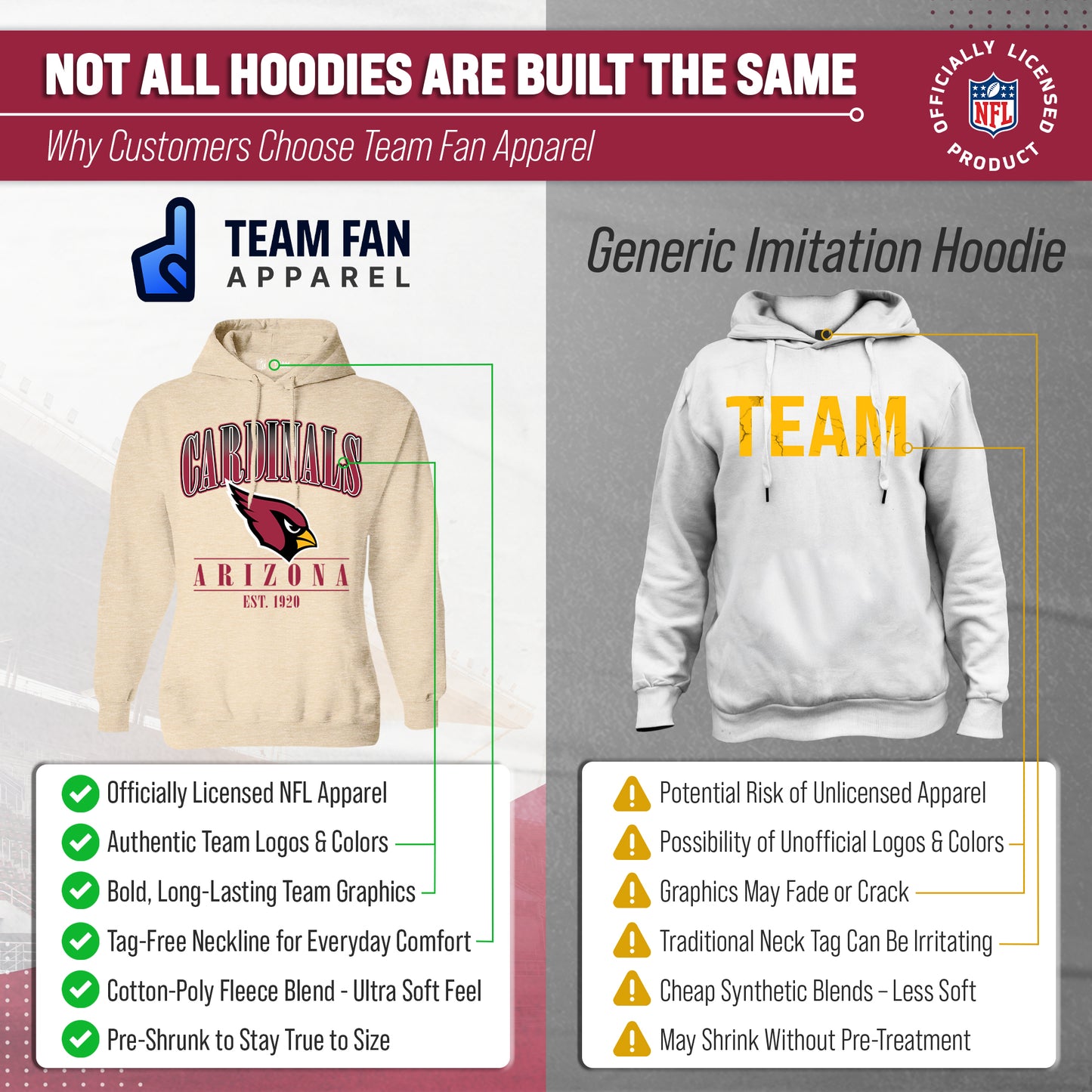 Arizona Cardinals Ladies NFL Starstruck Fleece Pullover Hooded Sweatshirt - Cream