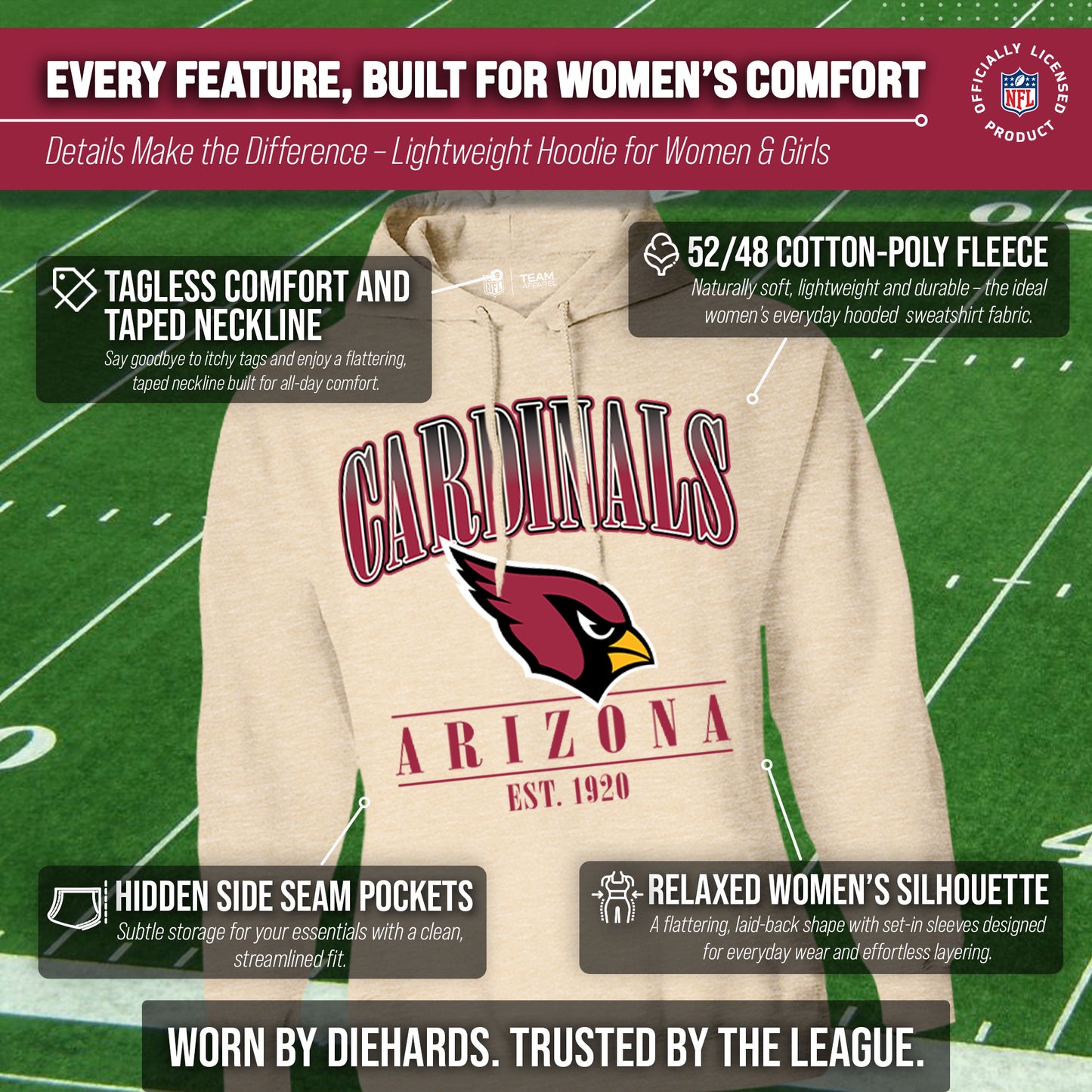 Arizona Cardinals Ladies NFL Starstruck Fleece Pullover Hooded Sweatshirt - Cream