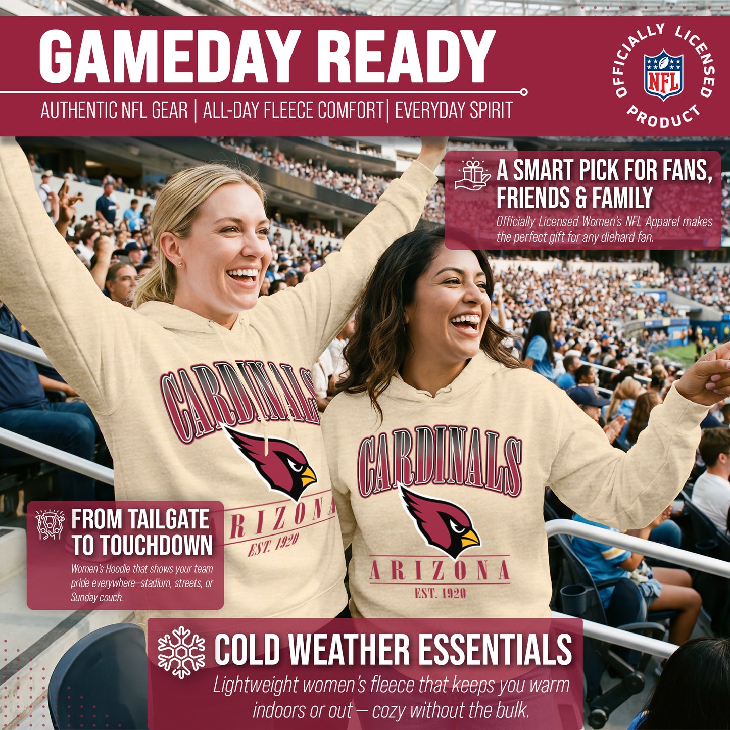 Arizona Cardinals Ladies NFL Starstruck Fleece Pullover Hooded Sweatshirt - Cream