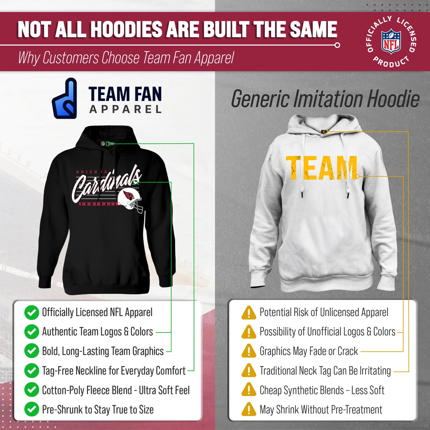 Arizona Cardinals Ladies NFL Scrimmage Line Fleece Pullover Hooded Sweatshirt - Black