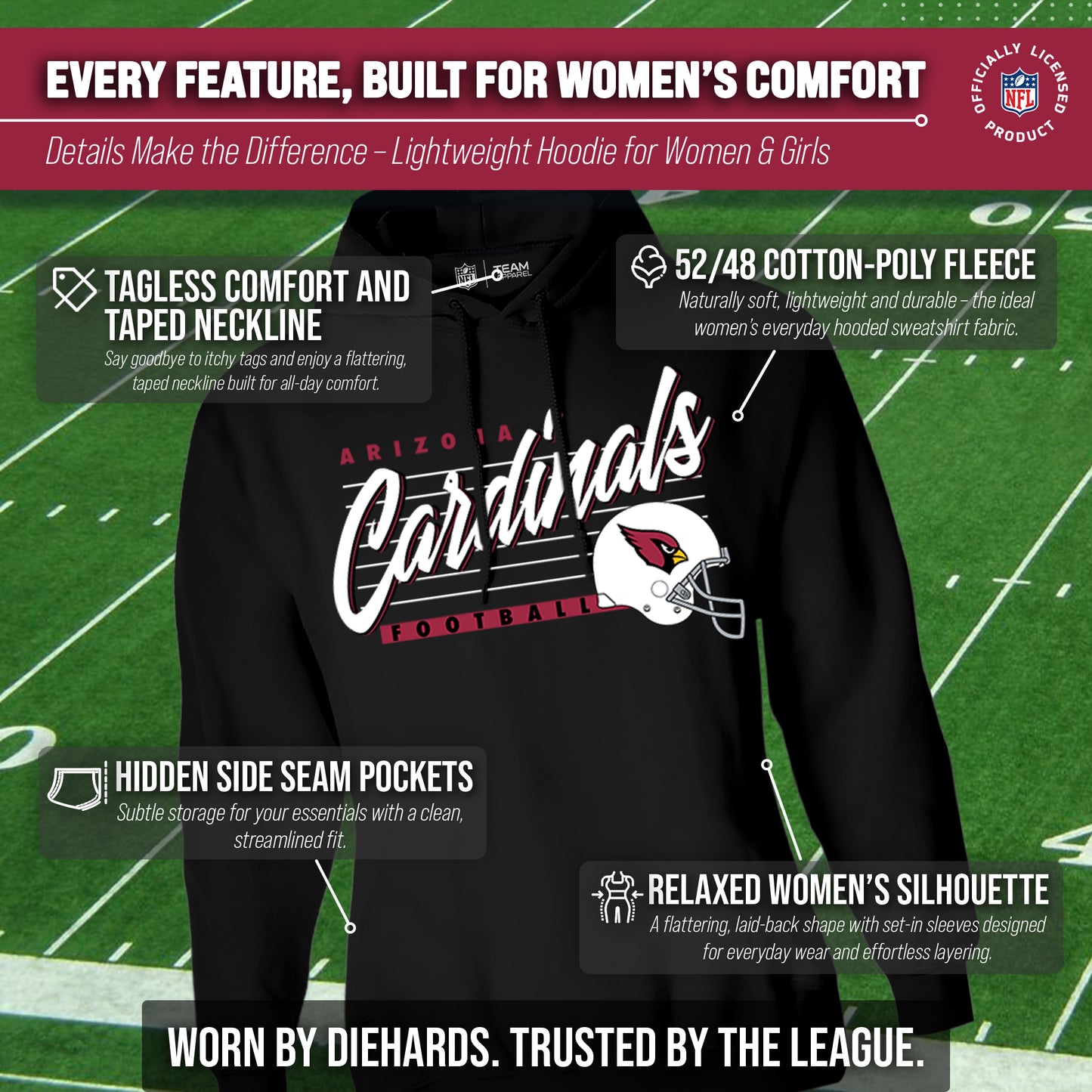 Arizona Cardinals Ladies NFL Scrimmage Line Fleece Pullover Hooded Sweatshirt - Black