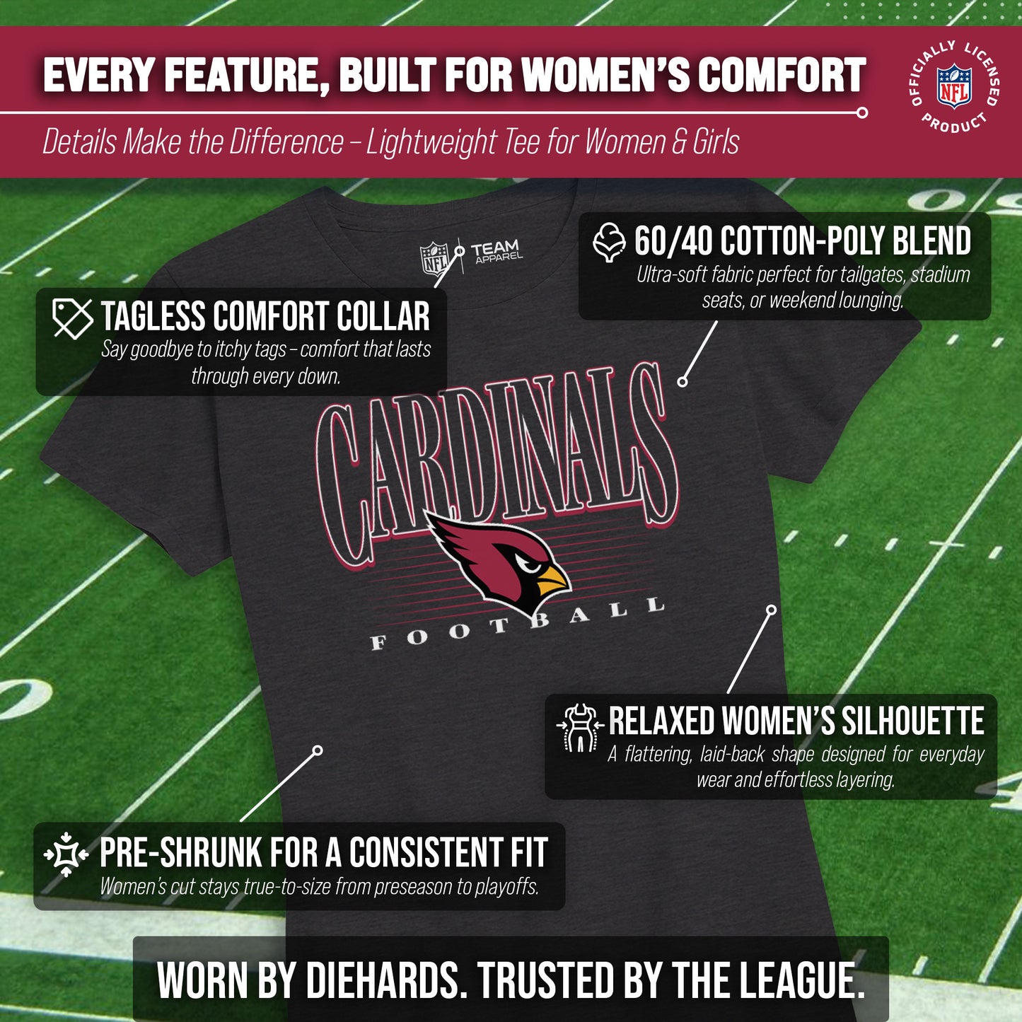 Arizona Cardinals NFL Womens Overtime Blueprint Tag-Less T-Shirt - Black
