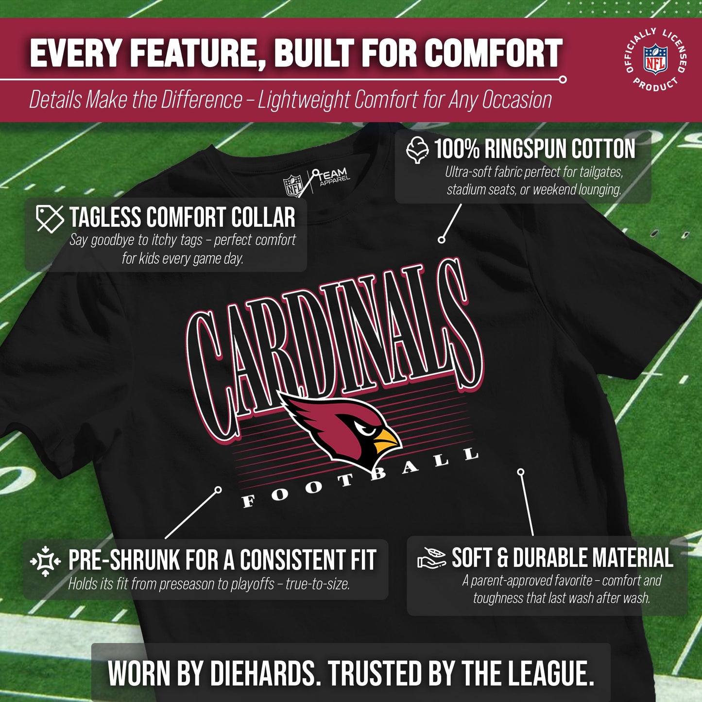 Arizona Cardinals NFL Youth Overtime Blueprint Football T-Shirt Unisex Tag Free Comfortable - Black