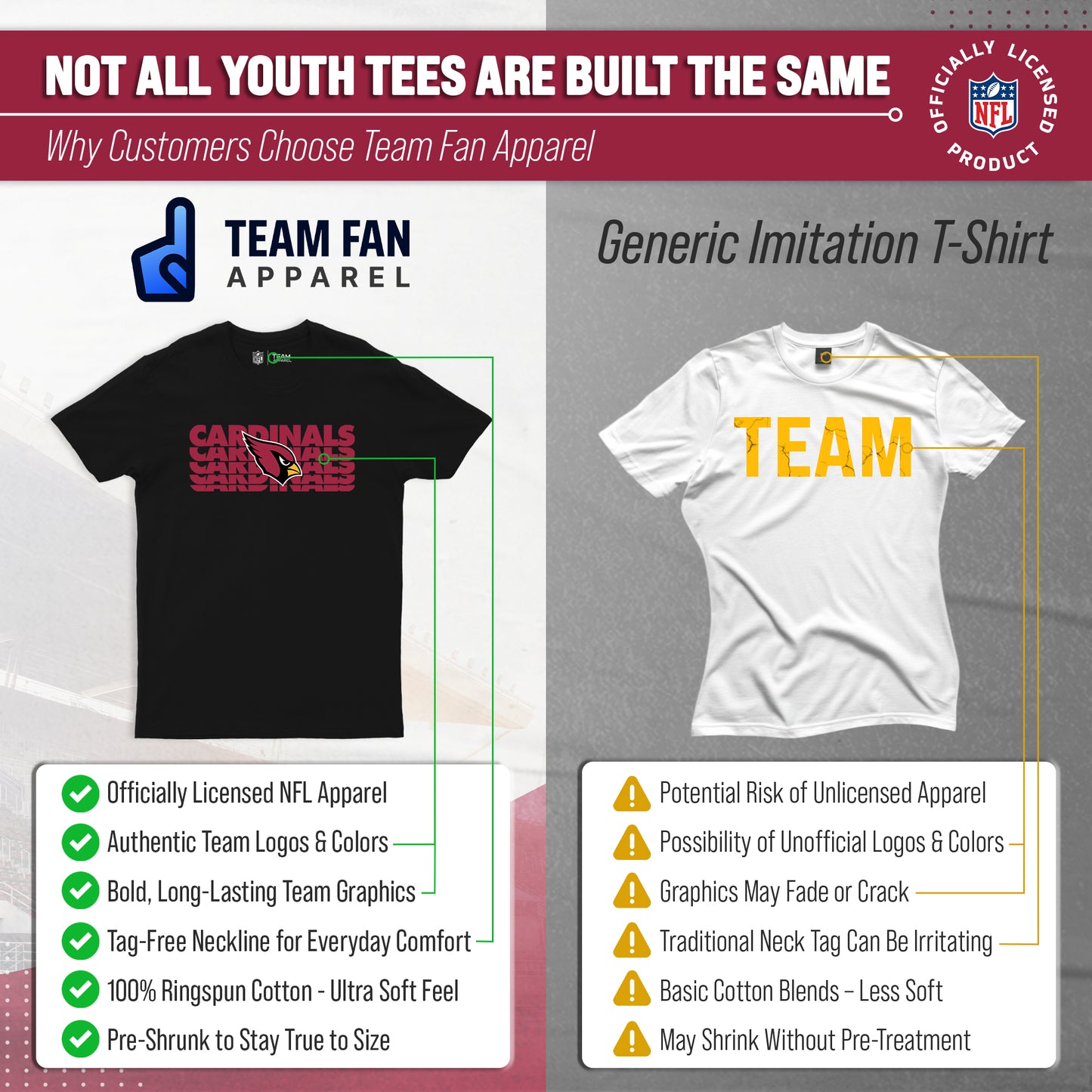 Arizona Cardinals NFL Youth Repeating Logo Football T-Shirt Unisex Tag Free Comfortable - Black