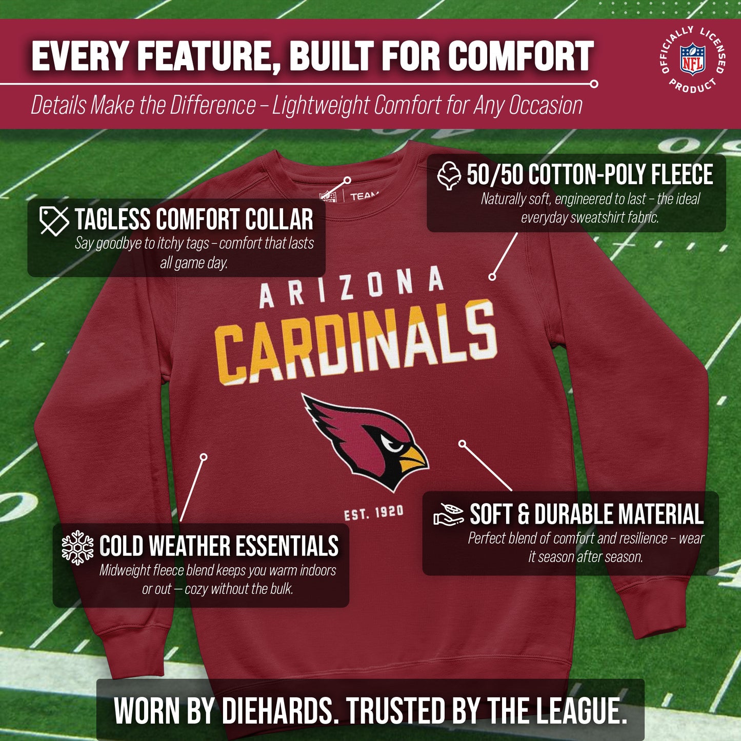 Arizona Cardinals NFL Color Block Fleece Crewneck - Cardinal