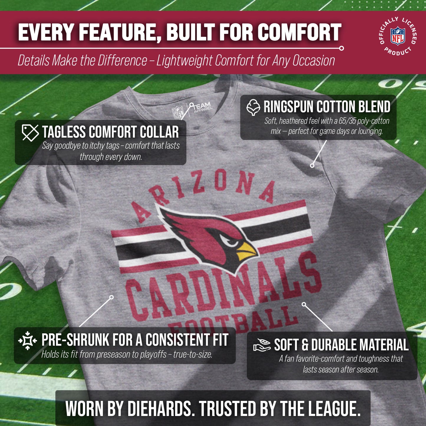 Arizona Cardinals NFL Adult Short Sleeve Team Stripe Tee - Sport Gray