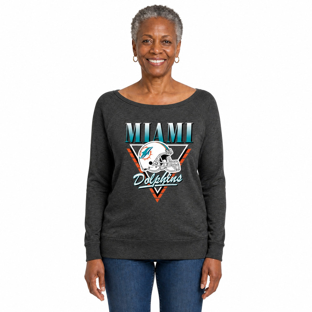 Miami Dolphins  Women's NFL Retro Triangle French Terry Crewneck Top - Heather Charcoal