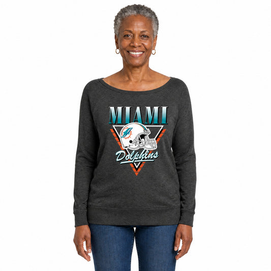 Miami Dolphins  Women's NFL Retro Triangle French Terry Crewneck Top - Heather Charcoal