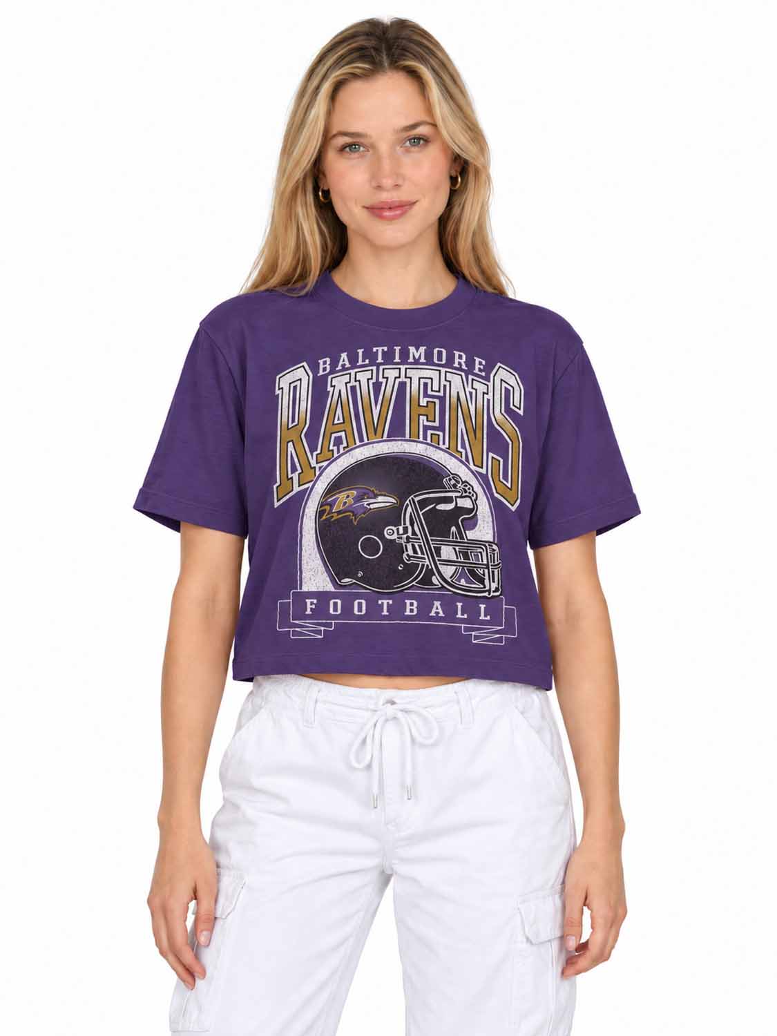 Baltimore Ravens  Women's Franchise Helmet Crop T-Shirt Mock Neck - Purple