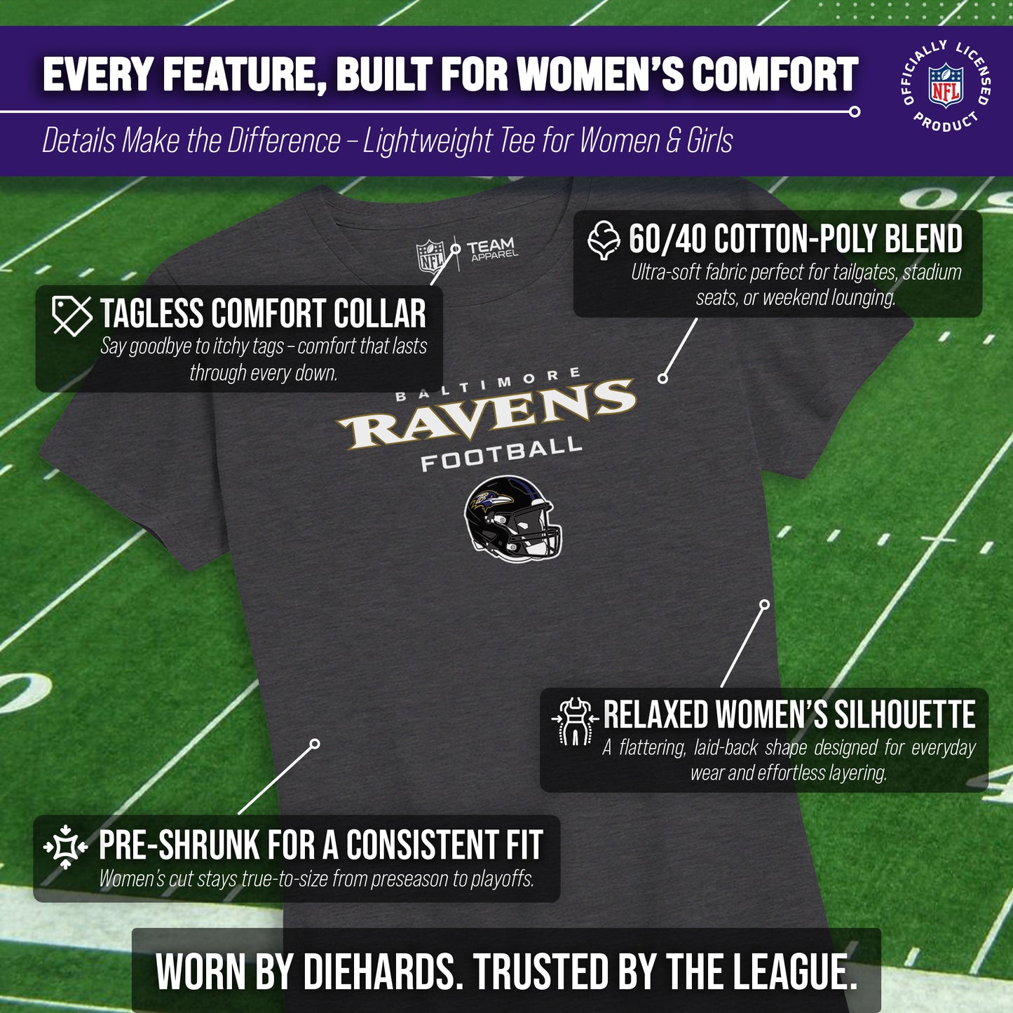 Baltimore Ravens Women's NFL Football Helmet Short Sleeve Tagless T-Shirt - Charcoal
