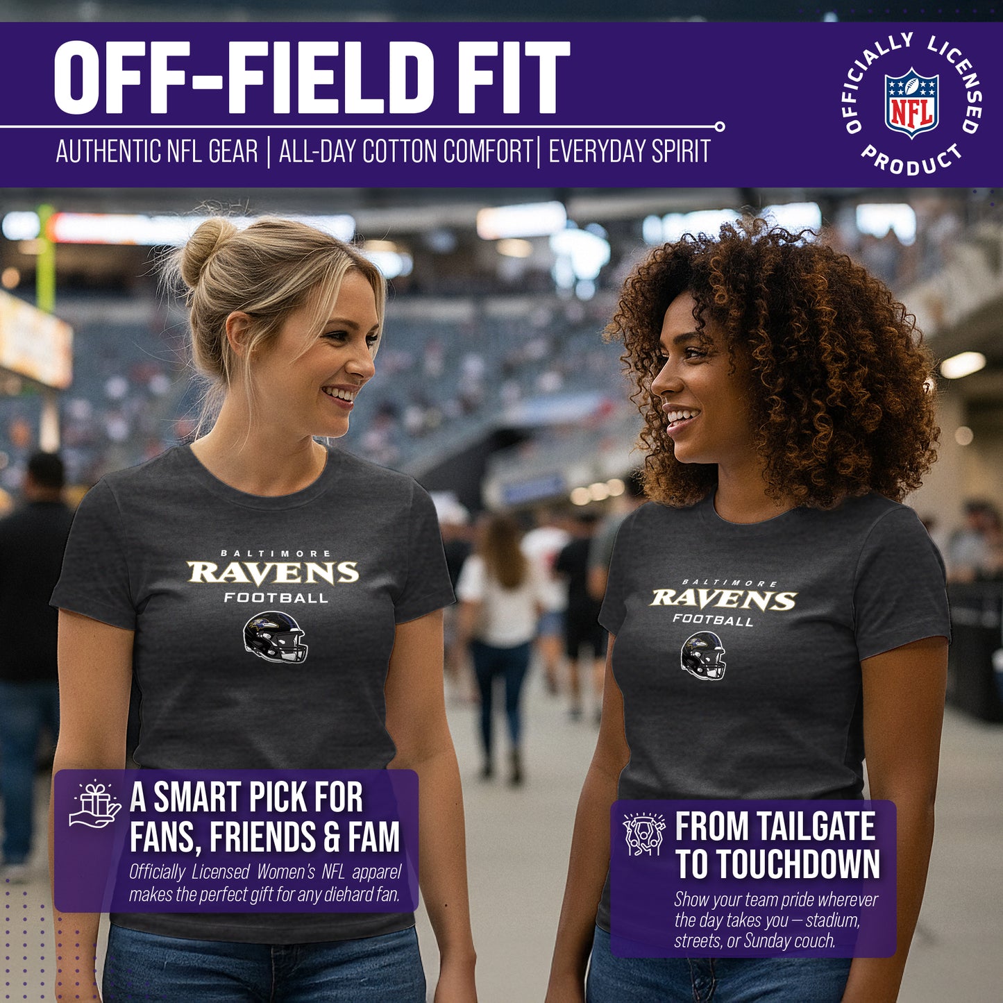 Baltimore Ravens Women's NFL Football Helmet Short Sleeve Tagless T-Shirt - Charcoal