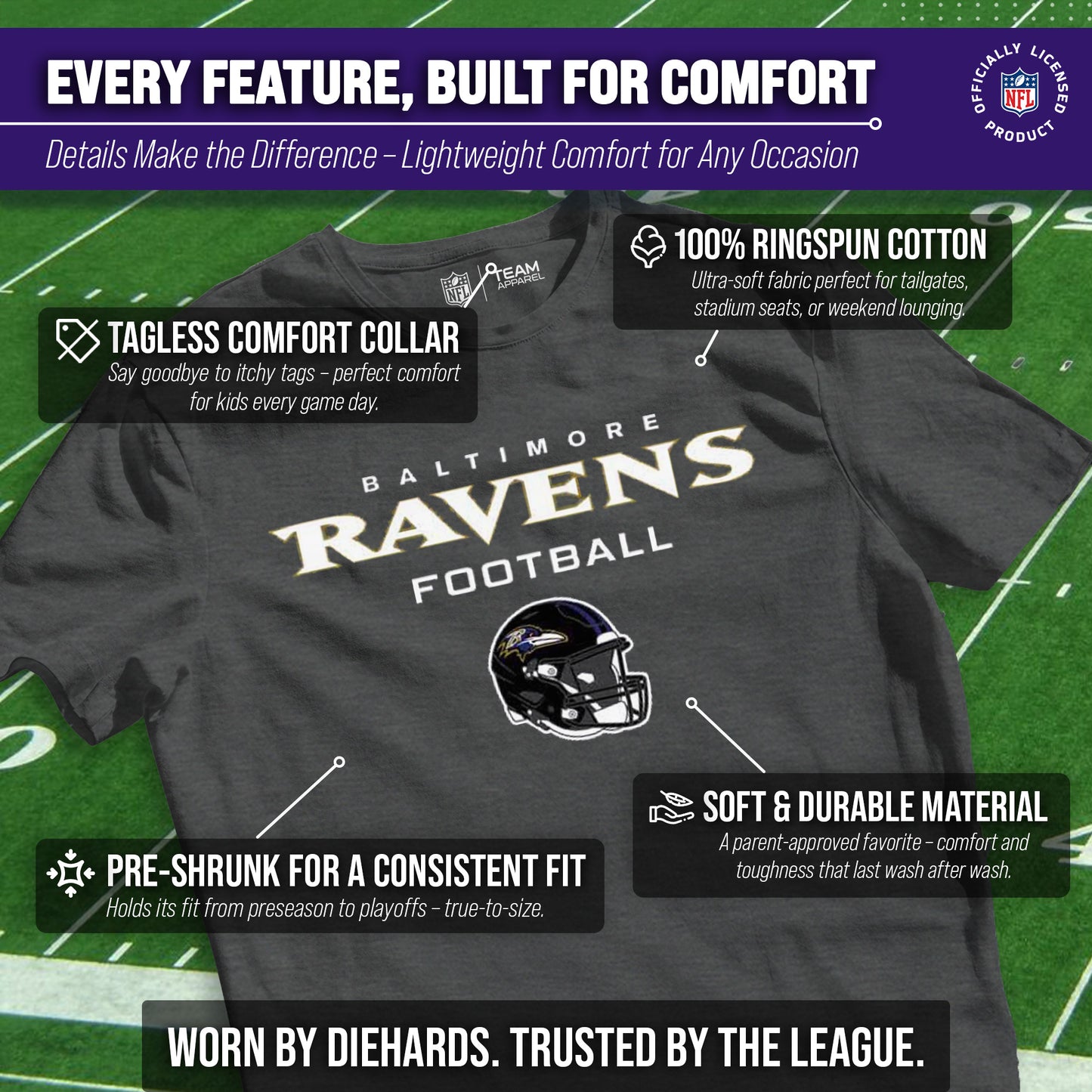 Baltimore Ravens NFL Youth Football Helmet Tagless T-Shirt - Charcoal