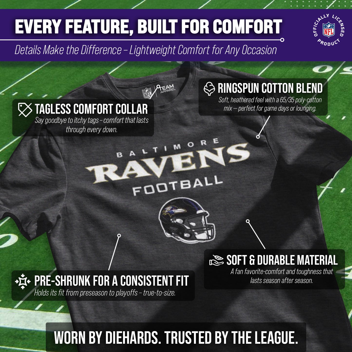 Baltimore Ravens NFL Adult Football Helmet Tagless T-Shirt - Charcoal