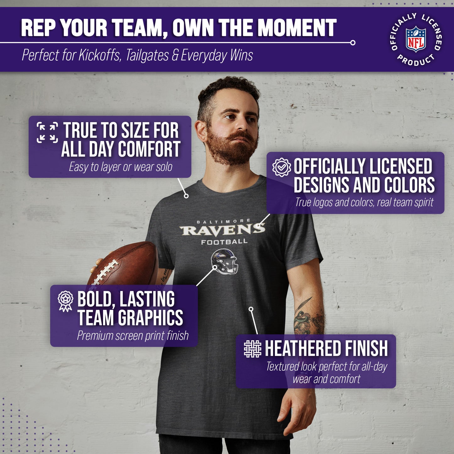 Baltimore Ravens NFL Adult Football Helmet Tagless T-Shirt - Charcoal