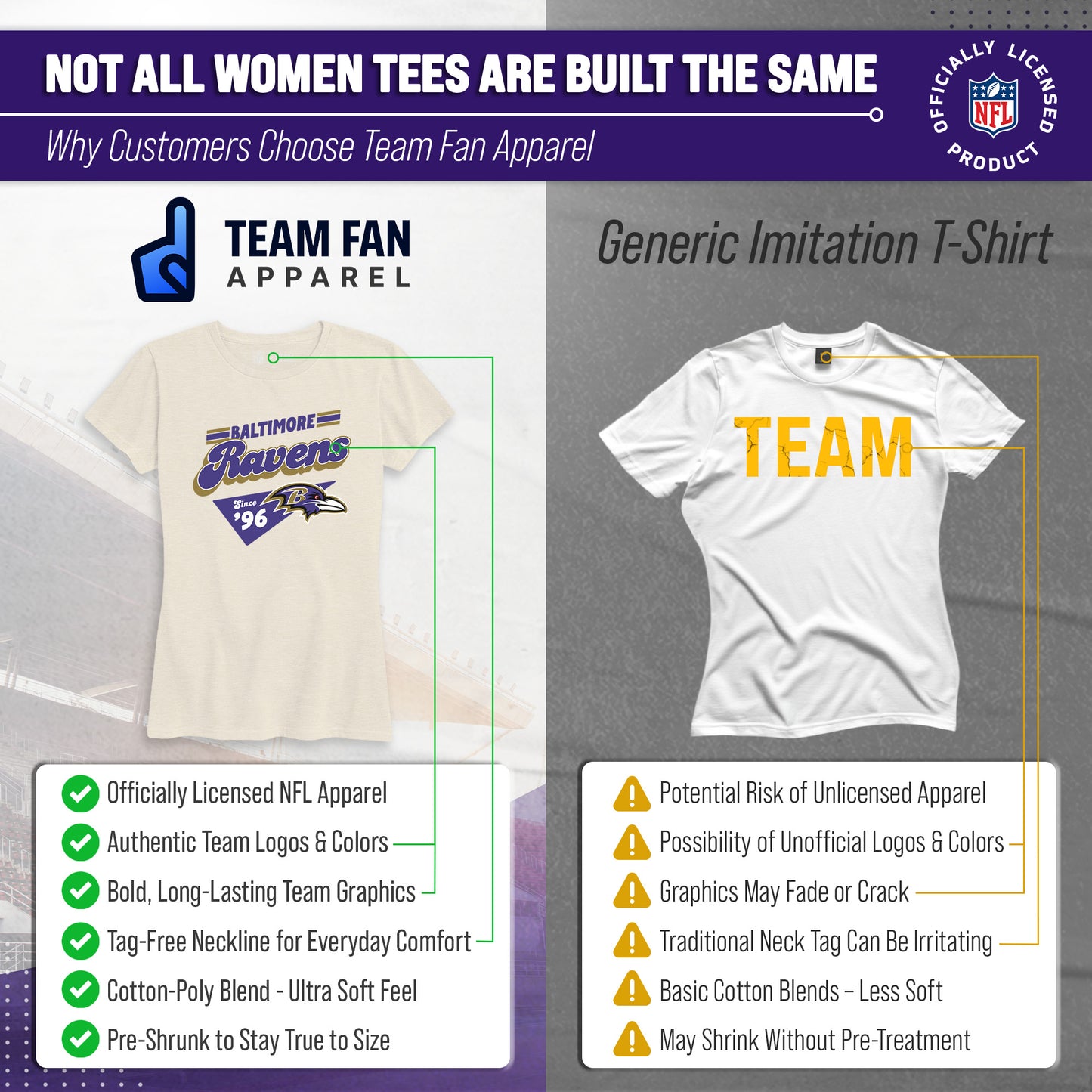 Baltimore Ravens NFL Womens Vintage Charm Tag-Less Soft T-Shirt - Birch
