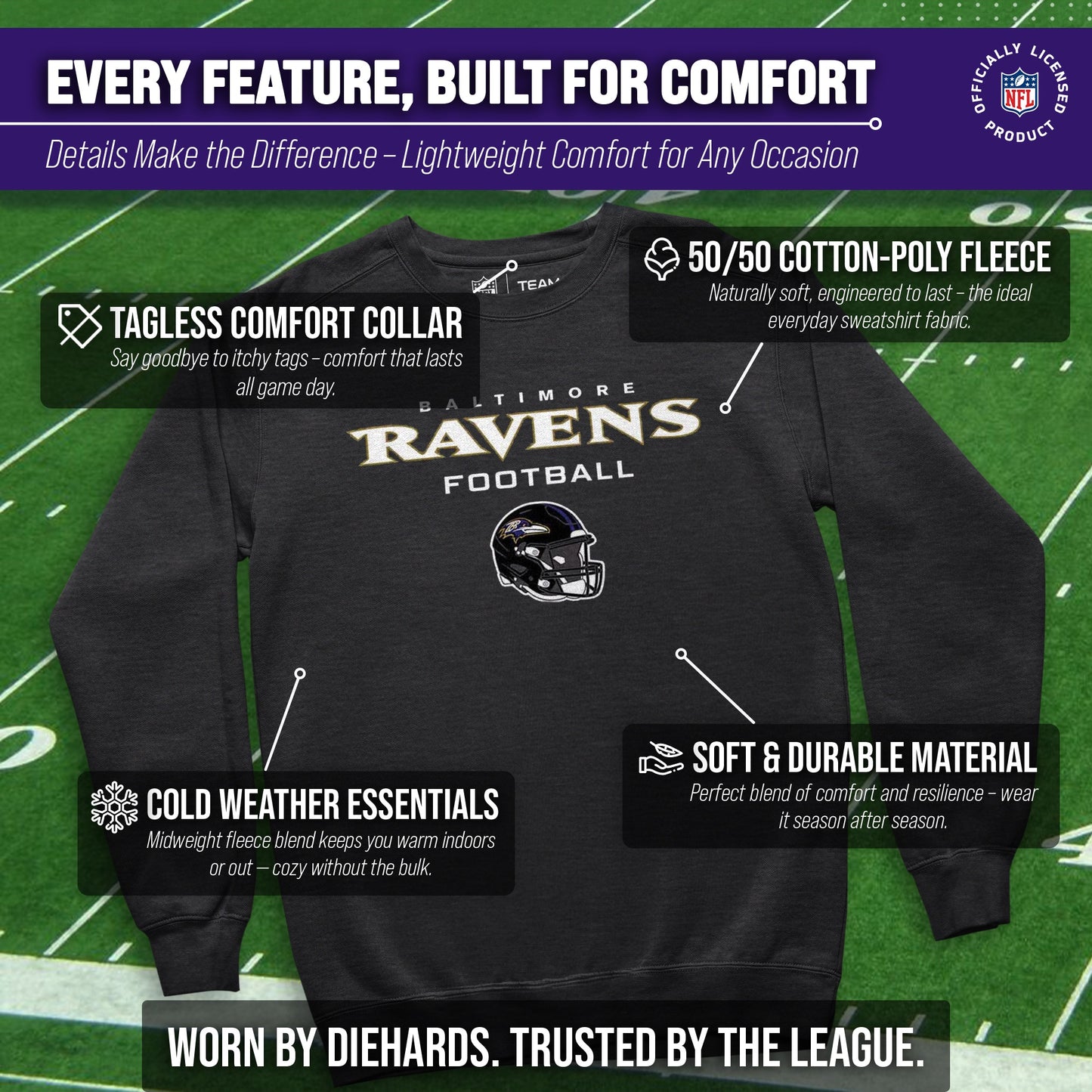 Baltimore Ravens Adult NFL Football Helmet Heather Crewneck Sweatshirt - Charcoal