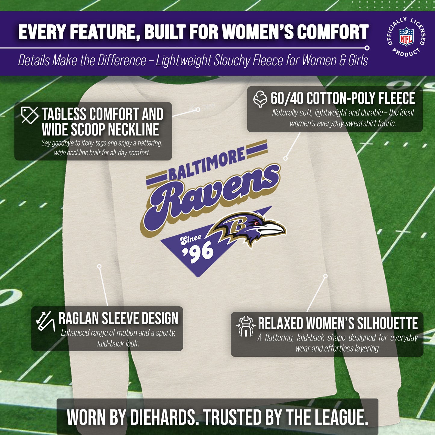 Baltimore Ravens NFL Womens Vintage Charm French Terry Slouchy Top - Birch