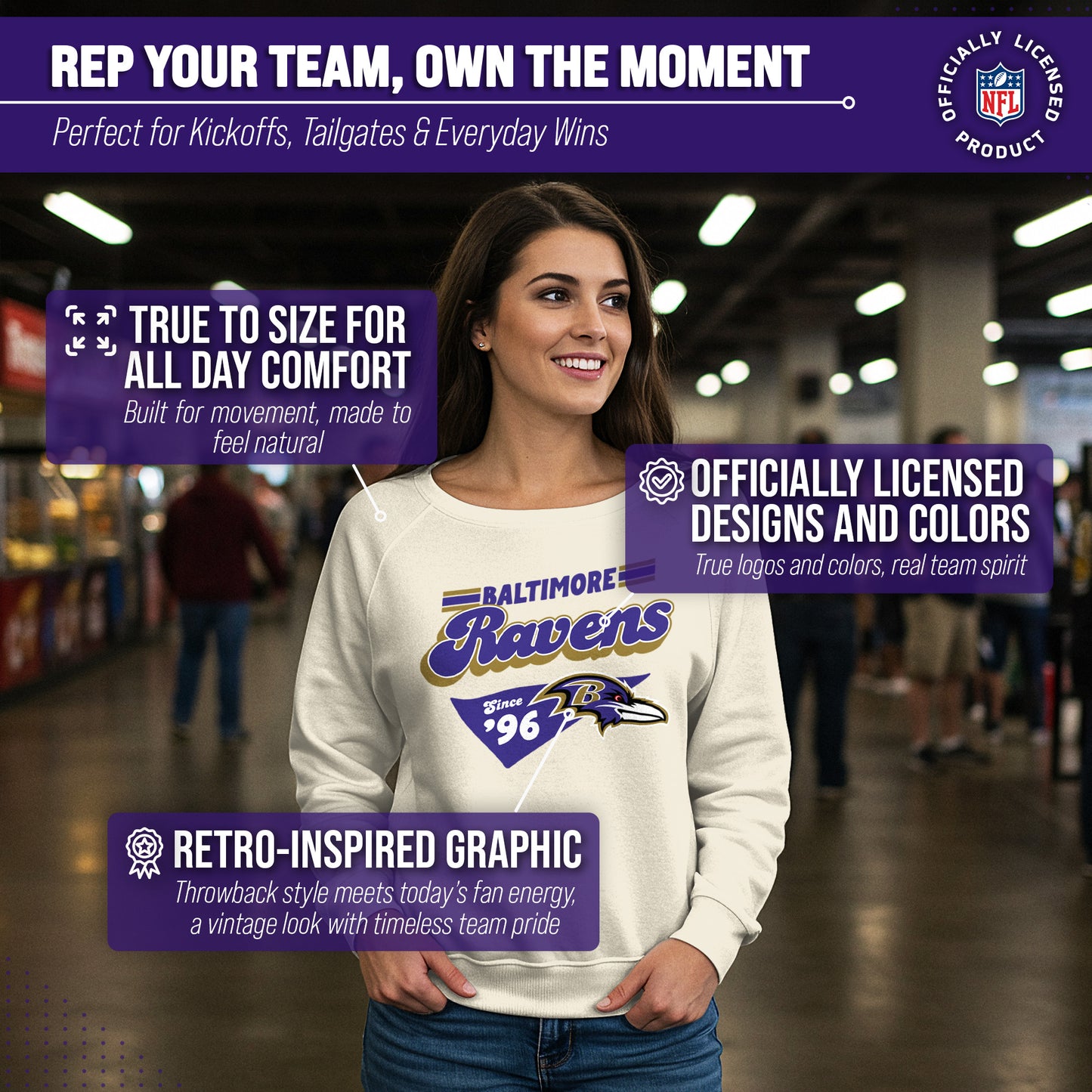 Baltimore Ravens NFL Womens Vintage Charm French Terry Slouchy Top - Birch