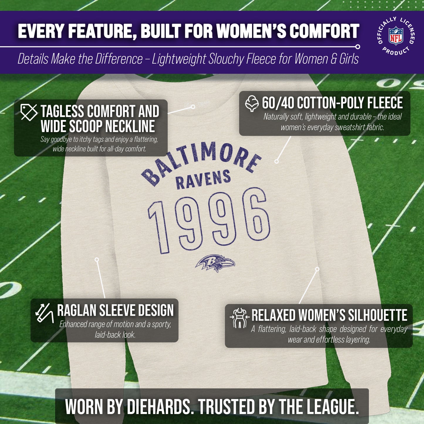 Baltimore Ravens NFL Womens Big Date French Terry Slouchy Top - Natural
