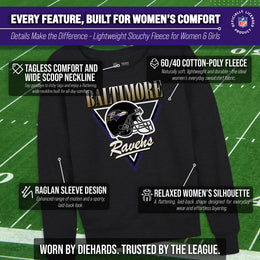 Baltimore Ravens NFL Womens Retro Triangle French Terry Slouchy Top- Raglan Sleeves - Heather Charcoal