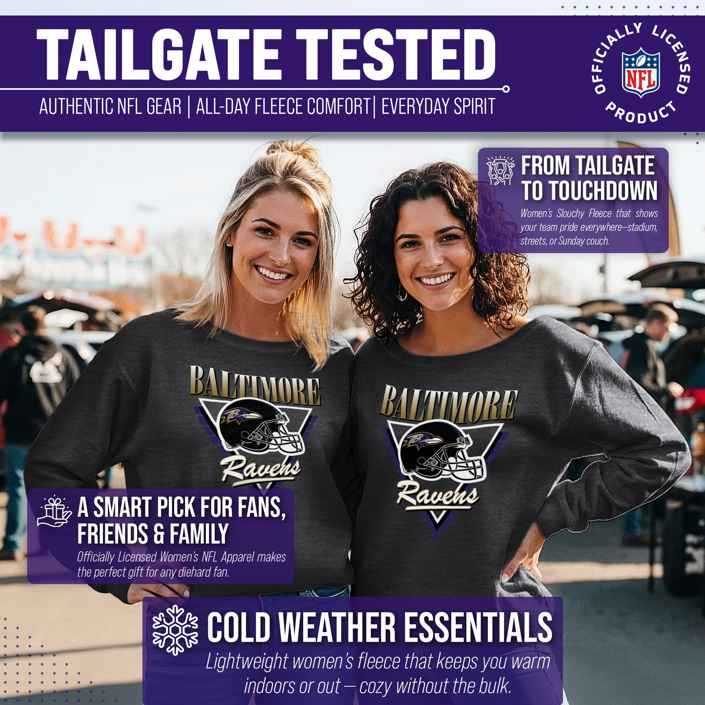 Baltimore Ravens NFL Womens Retro Triangle French Terry Slouchy Top- Raglan Sleeves - Heather Charcoal