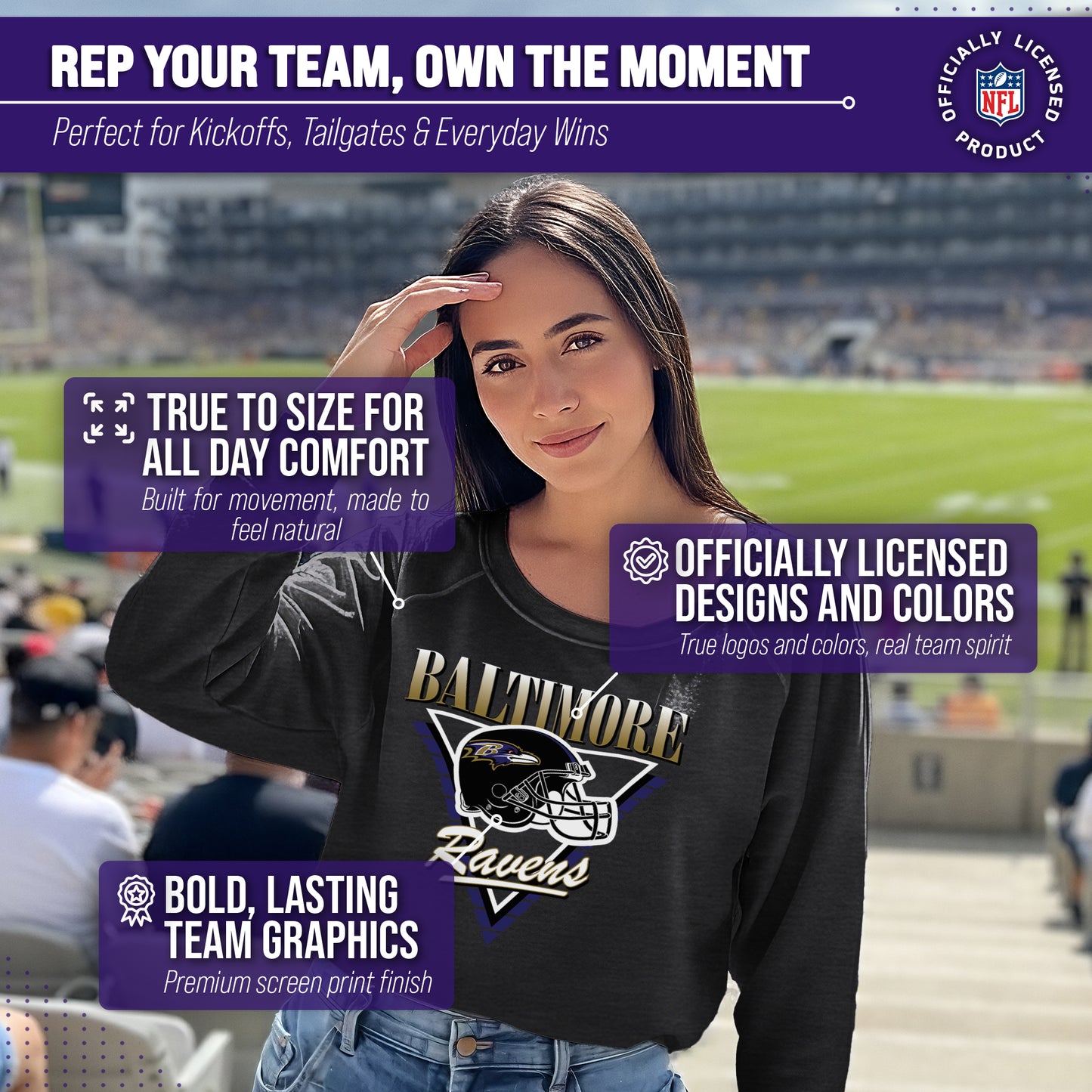 Baltimore Ravens NFL Womens Retro Triangle French Terry Slouchy Top- Raglan Sleeves - Heather Charcoal