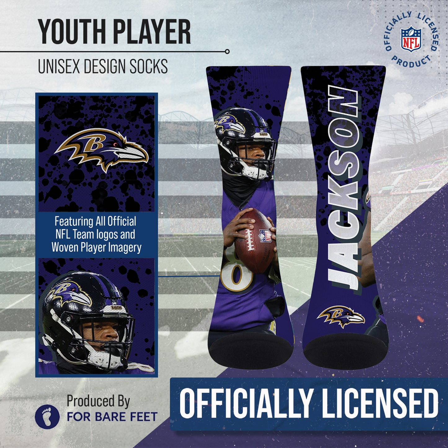 Baltimore Ravens NFL Adult Player Stripe Sock - Purple