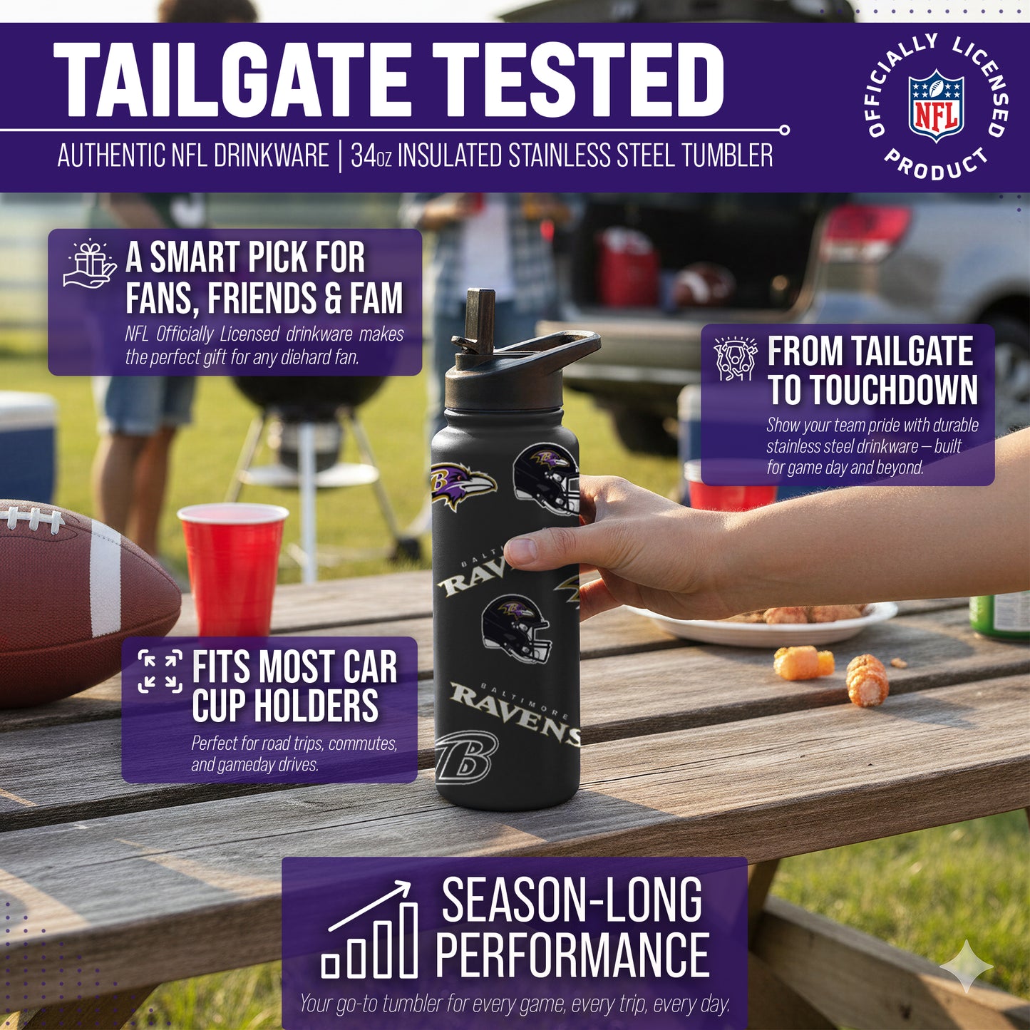 Baltimore Ravens NFL 34oz Quencher Stainless Steel Insulated Water Bottle - Black