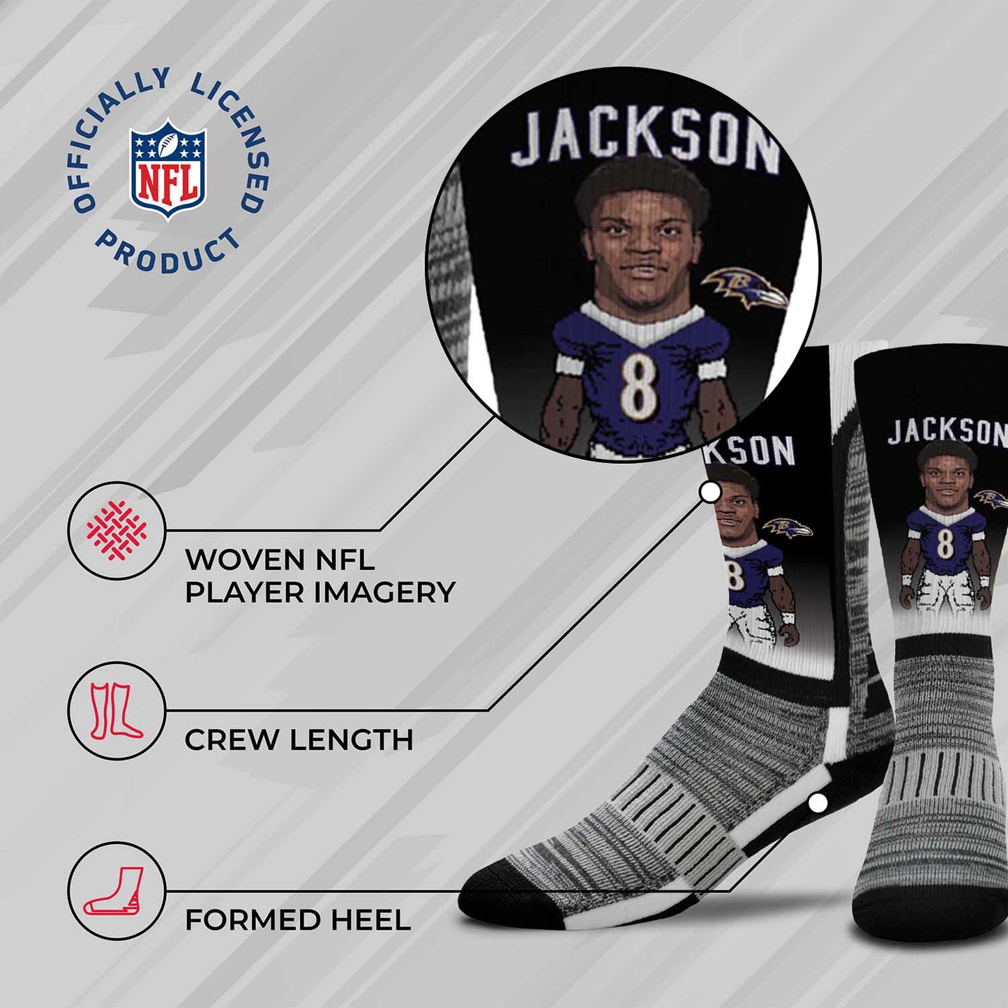 Baltimore Ravens NFL Adult V Curve MVP Player Crew Socks - Black