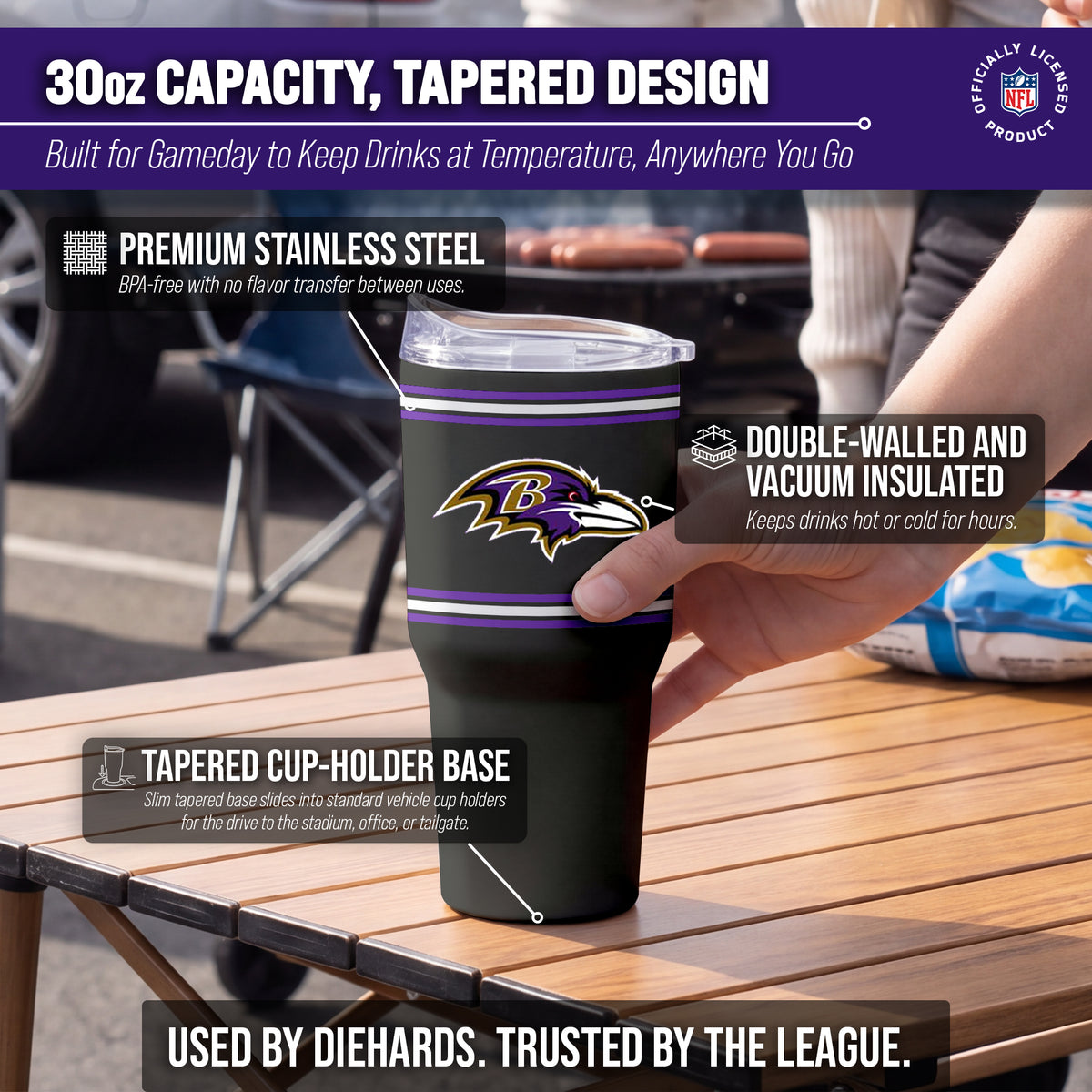 Baltimore Ravens  30 oz Stripe Powder Coat Tumbler | NFL Stainless - Black