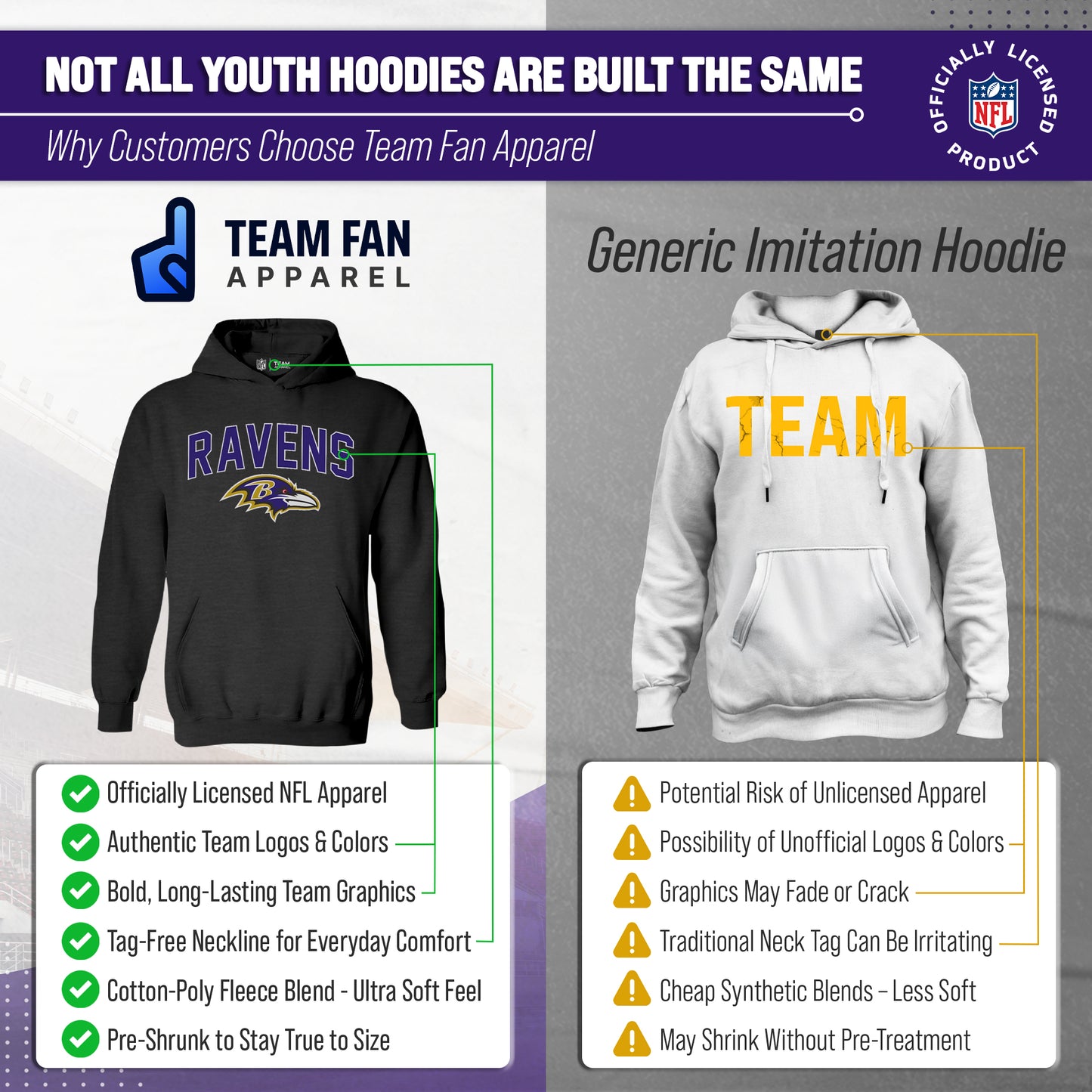 Baltimore Ravens NFL Youth Home Team Hoodie- Kids Hooded Sweatshirt - Black