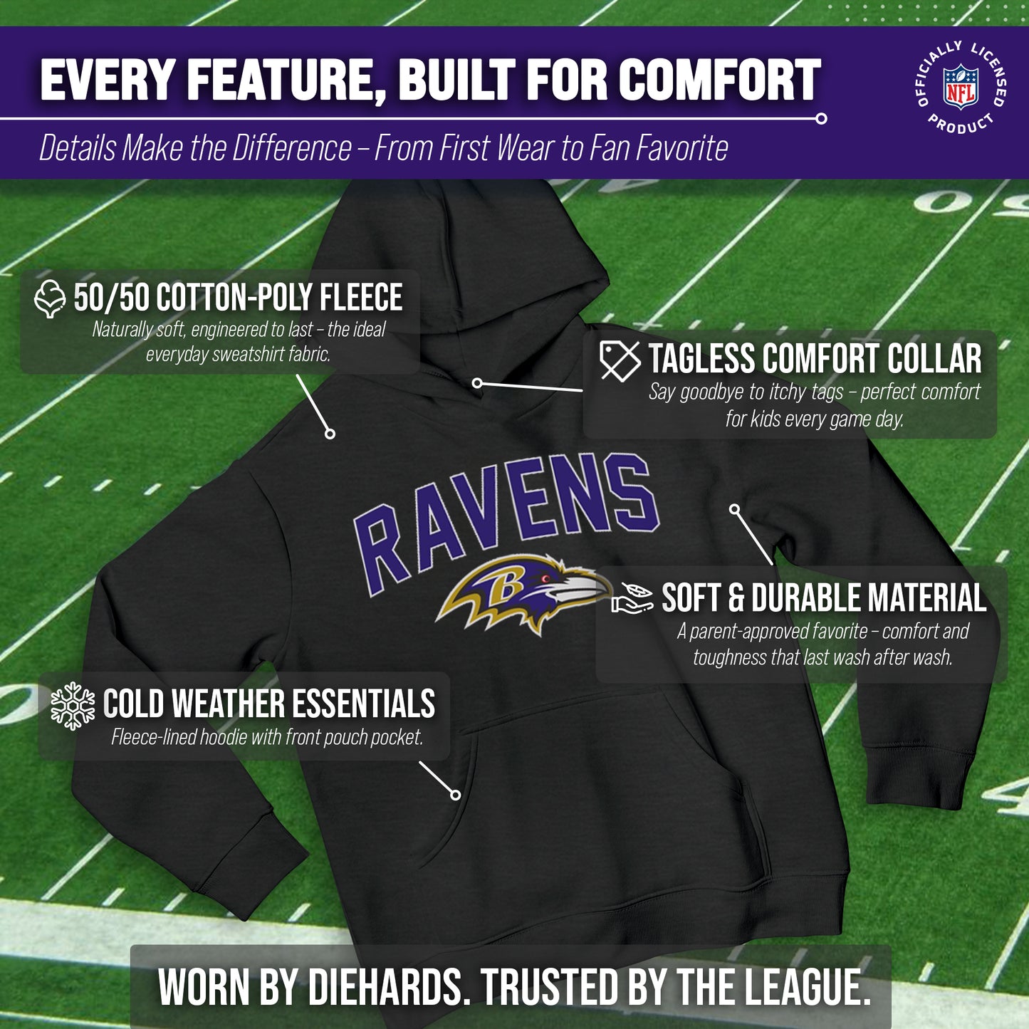 Baltimore Ravens NFL Youth Home Team Hoodie- Kids Hooded Sweatshirt - Black